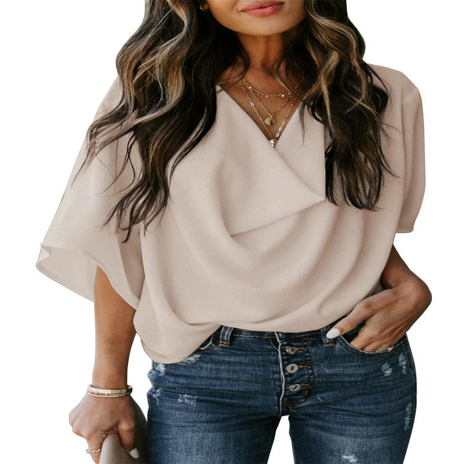 Damen Langarmshirt Chiffon-Bluse, Lockeres V-Ausschnitt, Lässiges Top, T-Shirt, Damenbekleidung-Aprikose-XXXL