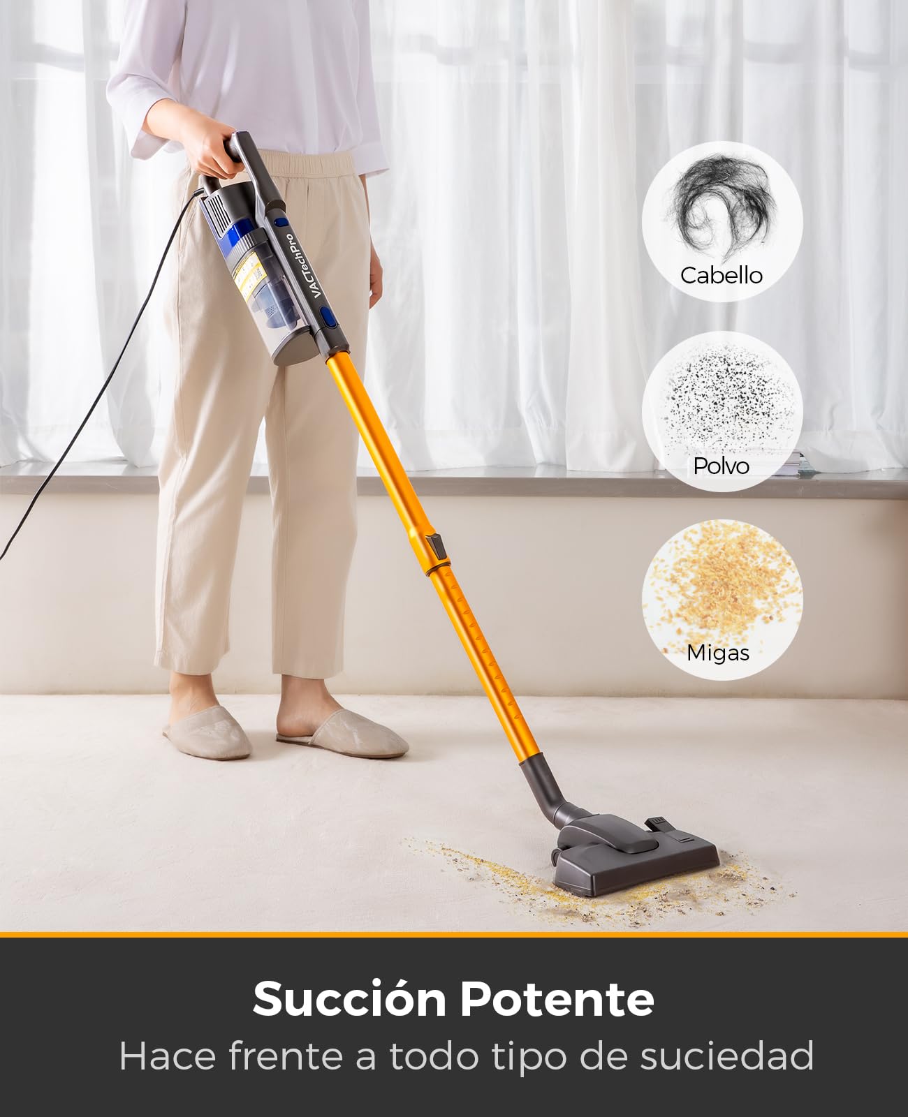 VACTechPro 60KPa/680W/7M Aspiradora, Aspiradora con Cable con 800ML Cubo de Basura, Aspirador con Diseño Ergonómico del Mango, Aspirador con Cable para Suelos Duros, Aspirador Vertical, Naranja