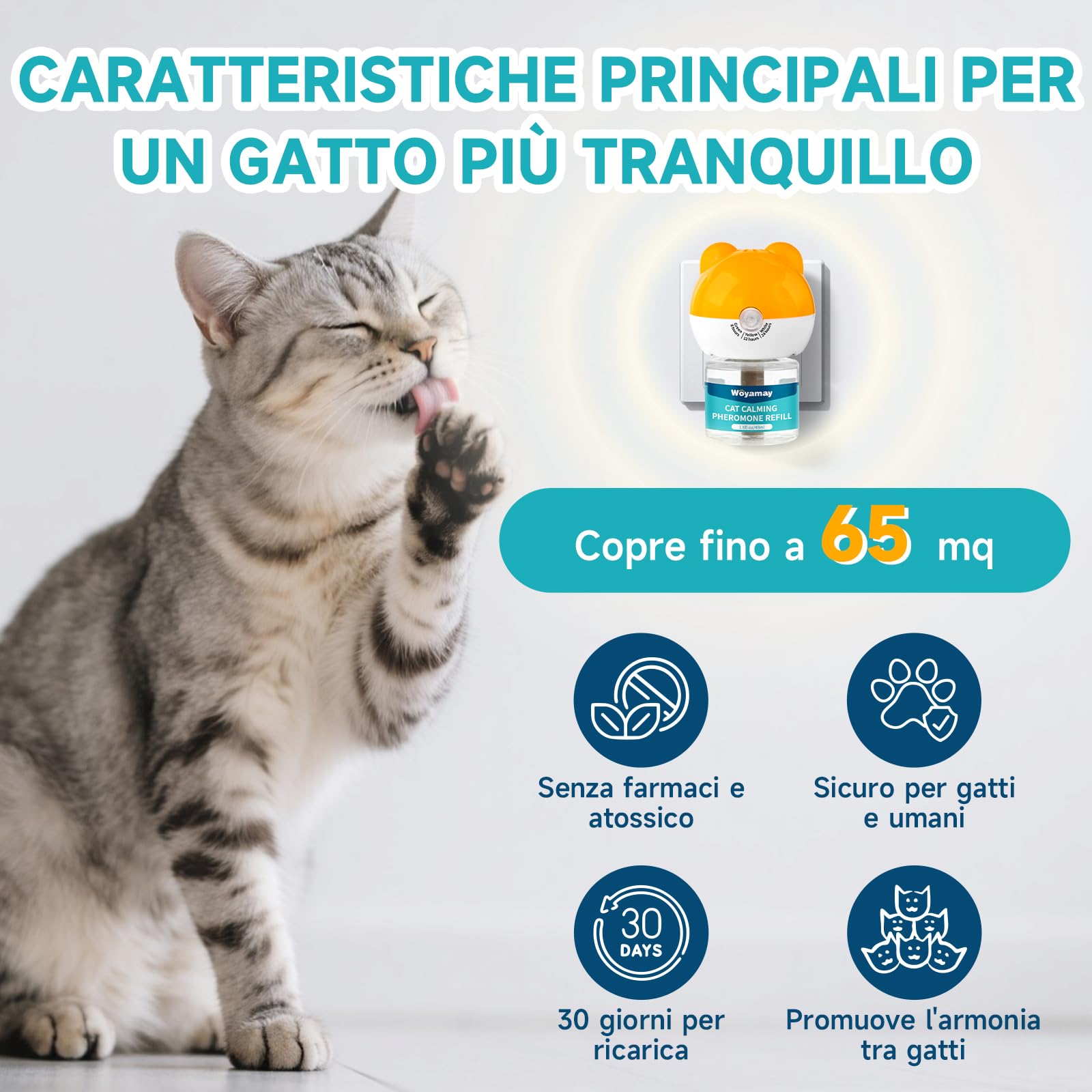 Woyamay Diffusore Feromoni per Gatti con 1 Diffusore + 2 Ricariche 48 ml, Calmante eTranquillante per Gatti, Antistress Gatto Fino a 60 Giorni