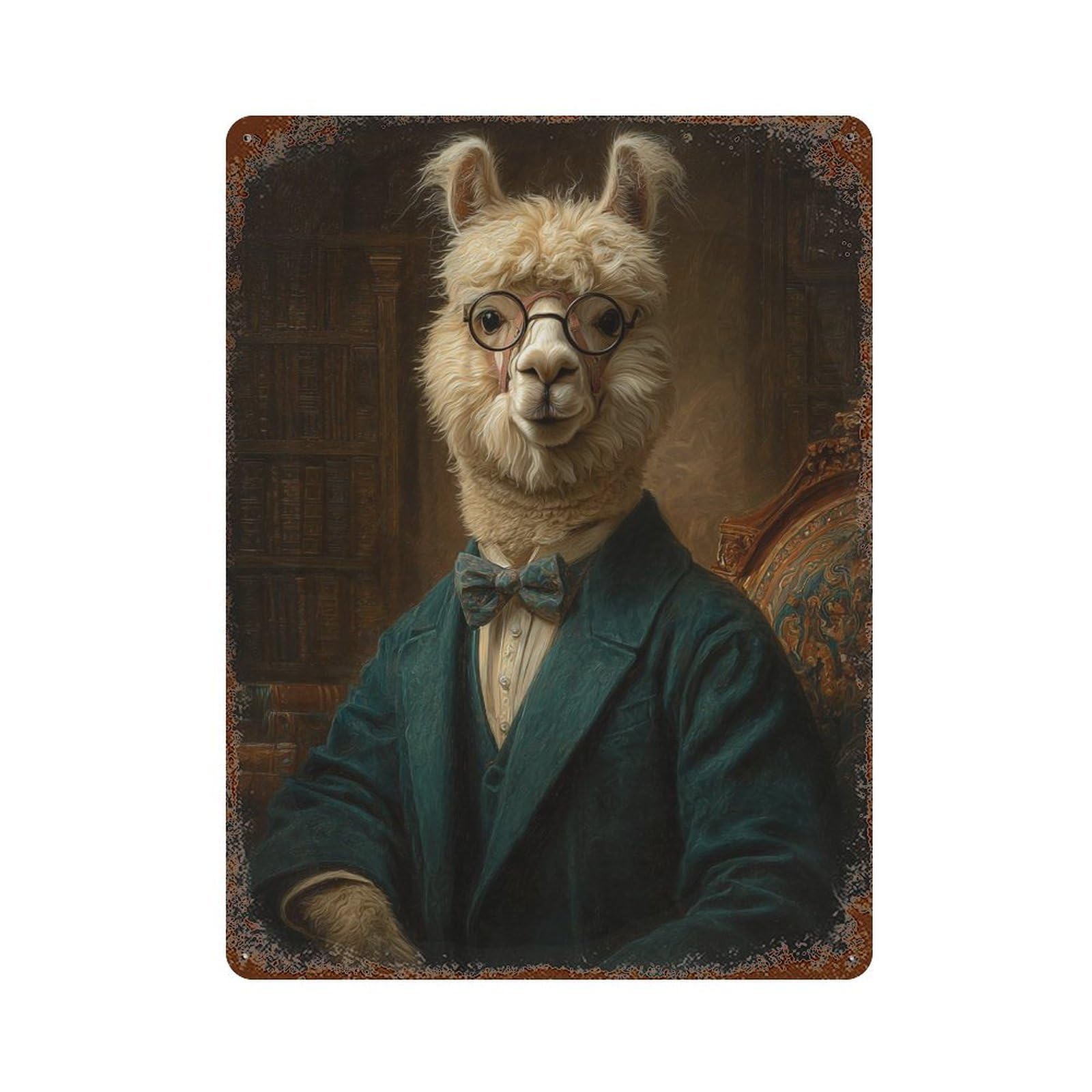 Rusty Metal Tin Sign Llama in Gentleman's Suit 15.7"x11.8", Rustic Home Decor for Shed, Workshop And Garage Wall Decor