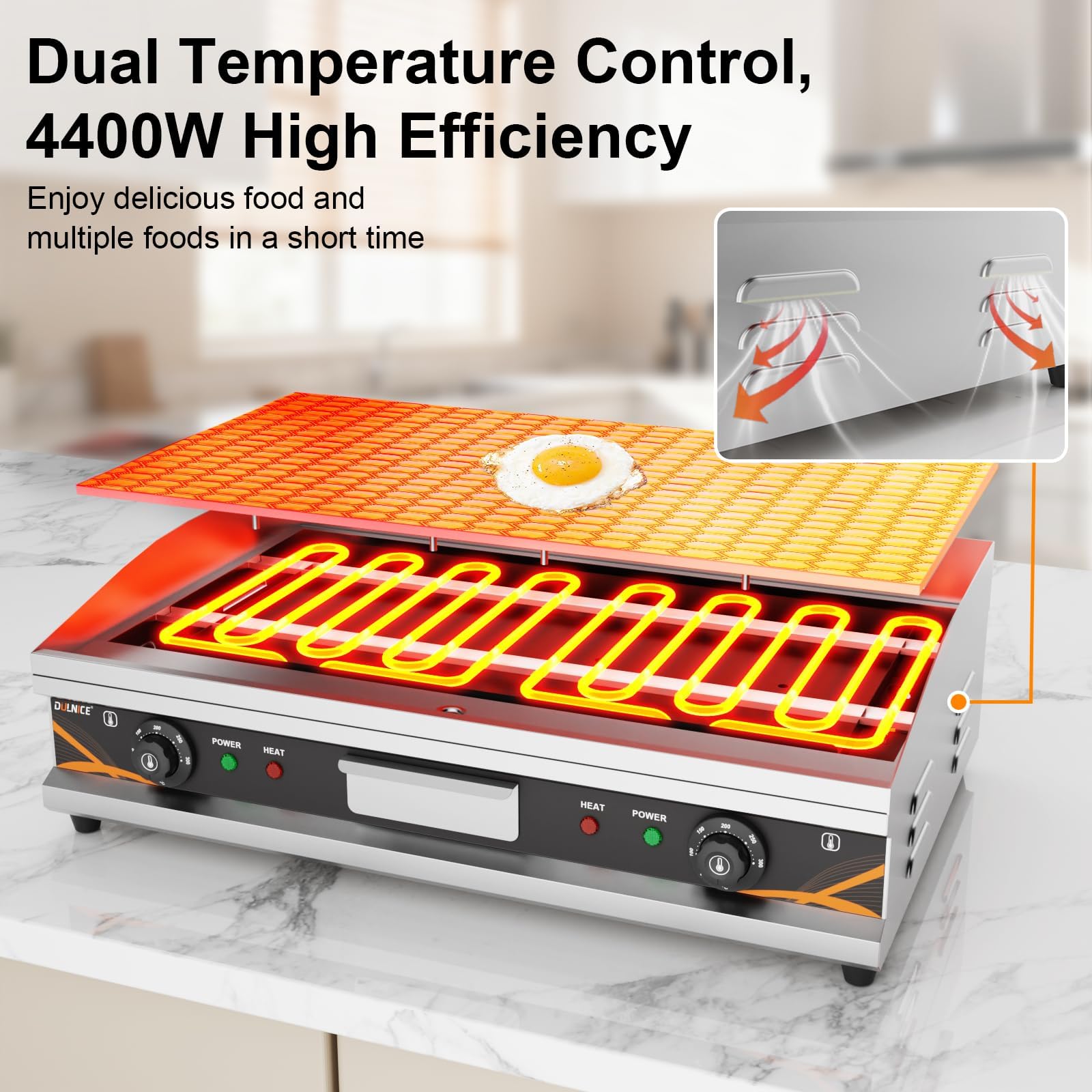 Plancha Électrique Professionnelle en Acier Inox 73x47cm, 4400W | Commerciale Plancha Electrique de Cuisson Grill Lisse, Thermostat Réglable 50 à 300°C, Grill de Table pour Restaurant