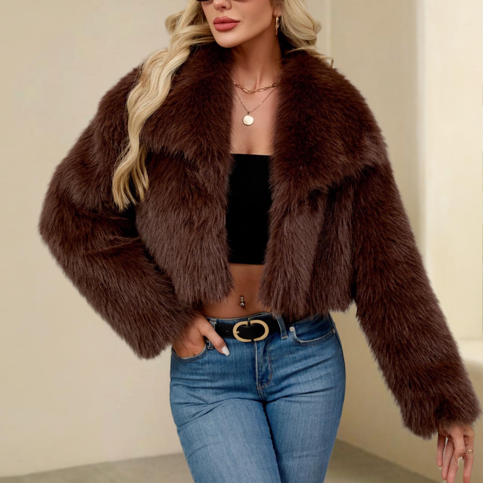 Generisch Winterjacke Damen Kurz Pelzjacke Einfarbig Wintermantel Winddicht