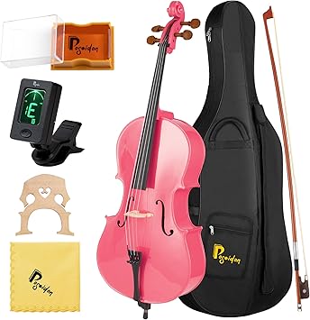 Poseidon 4/4 Size Cello for Beginners & Adults, Premium Solidwood Cellos Full Size Set with Soft Carring Case, Bow, Bridge, Rosin, Beginner String Instruments - Glossy Pink