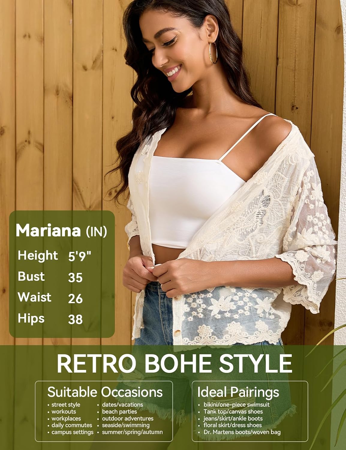 Womens Boho Lace 3/4 Sleeve Tops V-Neck Lightweight Blouse Knit Cardigans Button Down Cropped Cover up