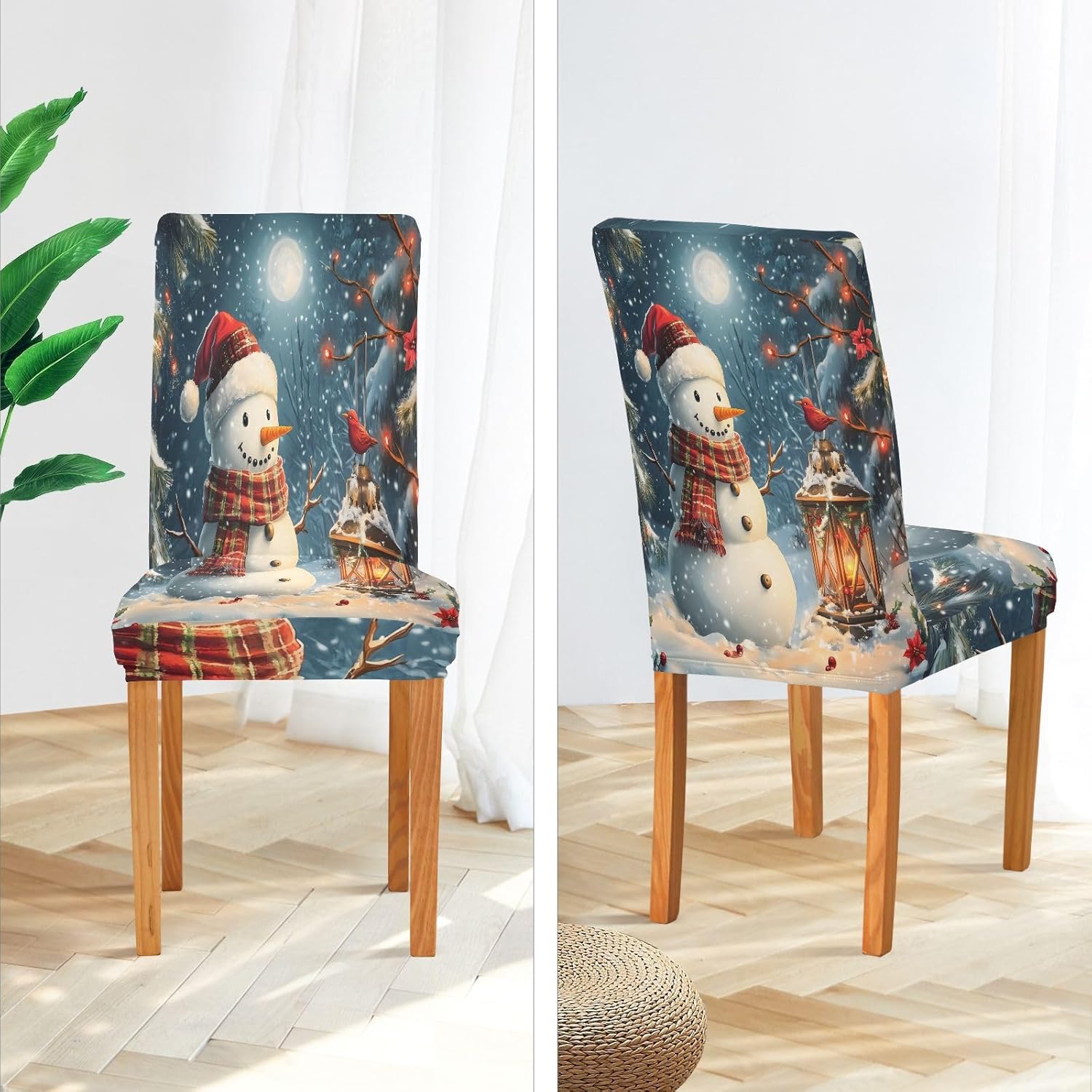 ALAZA Chair Covers for Dining Room, Snowman Red Hat Scarf Moonnight Stretch Chair Cover Sets Chair Protector Removable Washable for Ktichen Restaurant Hotel