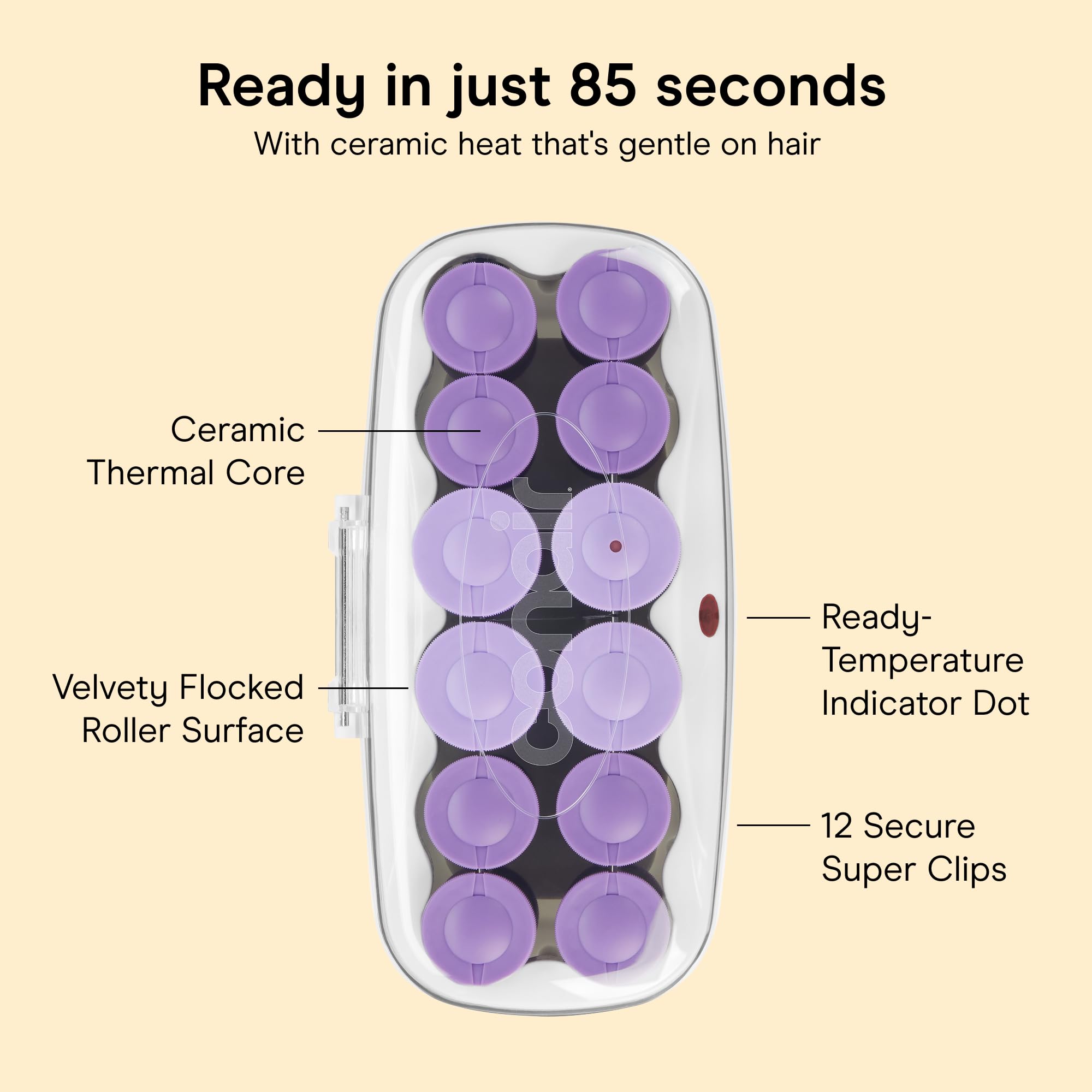 Conair Ceramic Hot Rollers 1 34 & 1 12 Rollers Lavender 12 Count | Heated hair rollers in 2 jumbo sizes heat in 85 seconds to create long-lasting volume on shoulder-length hair and beyond product thumbnail 6