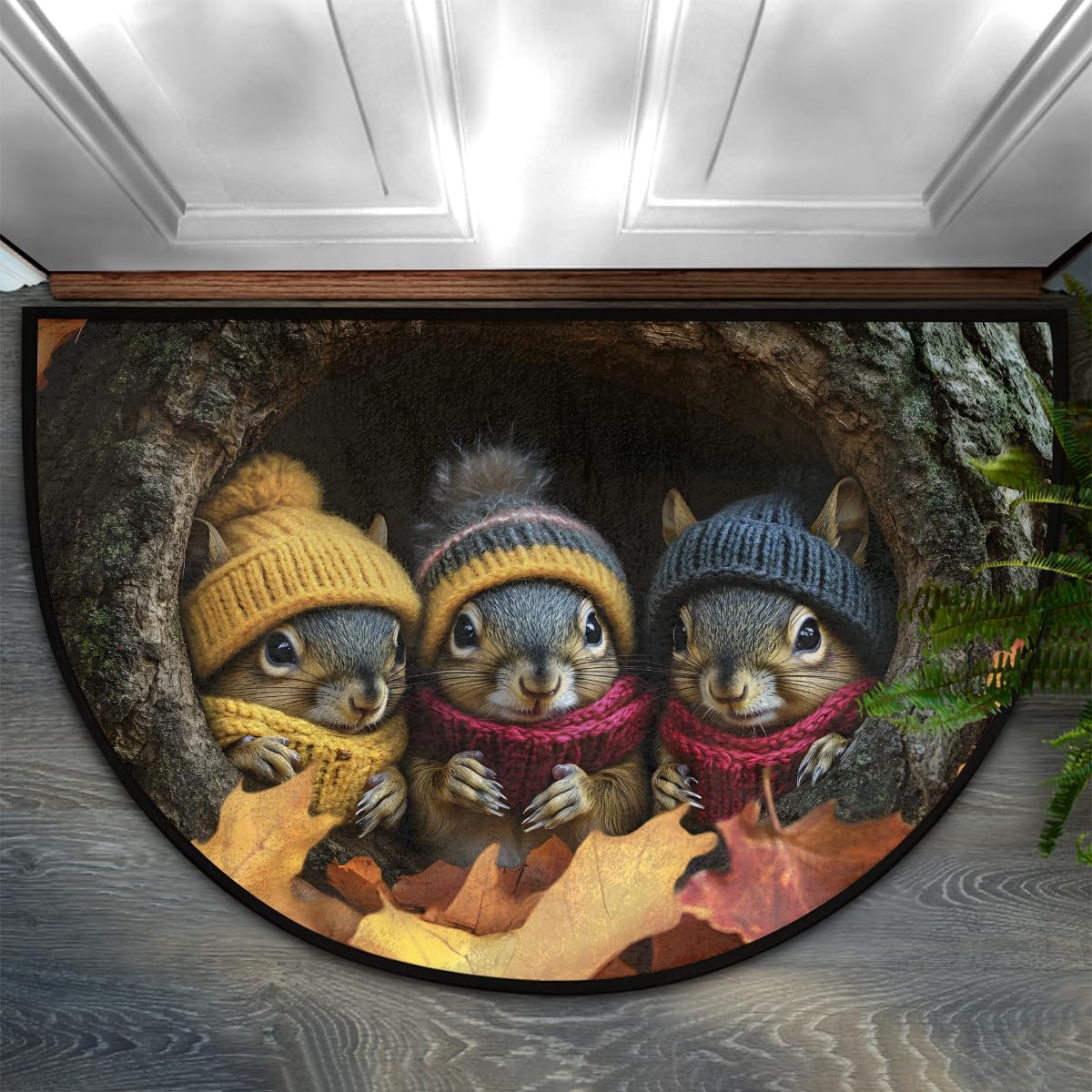 Tree Hole Squirrel Autumn Half Round Door Mat Non Slip Washable Semi Circle Area Rug Absorbent Soft Half Moon Rug Floor Mat for Indoor Outdoor Kitchen Bathroom Patio Front Door Mat Decor