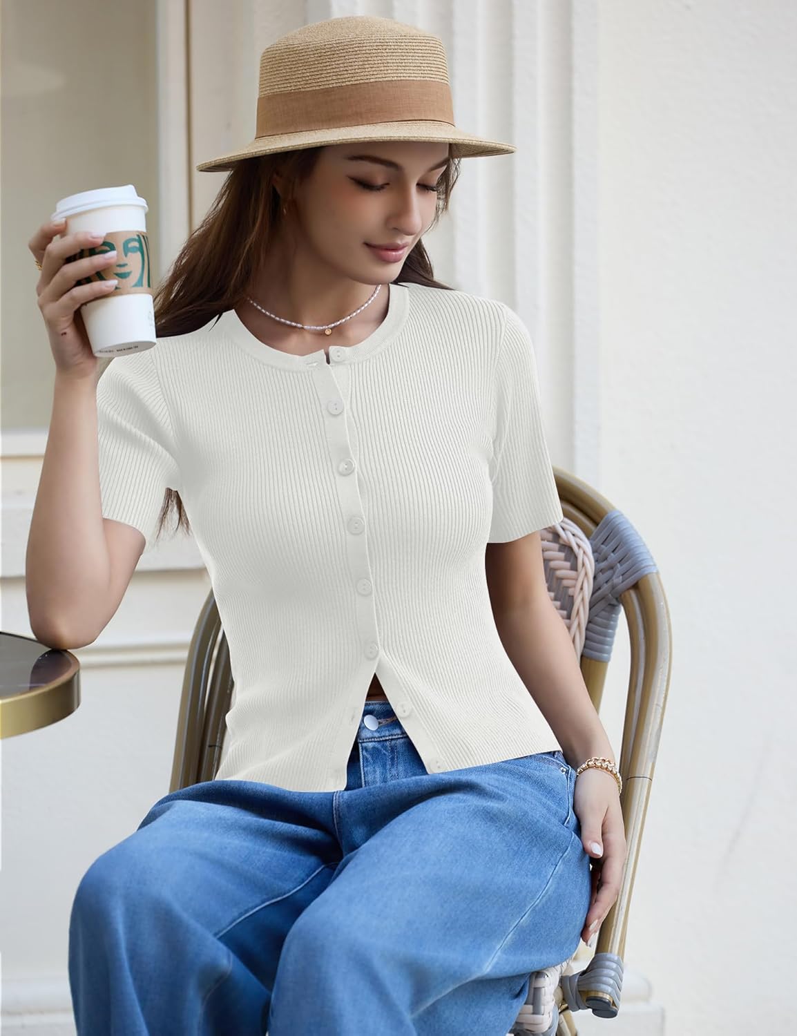 Kistore Womens Casual Summer Short Sleeve Sweater Cardigan Button Down Crew Neck Knitted Crop Cardigan Tops - Image 4