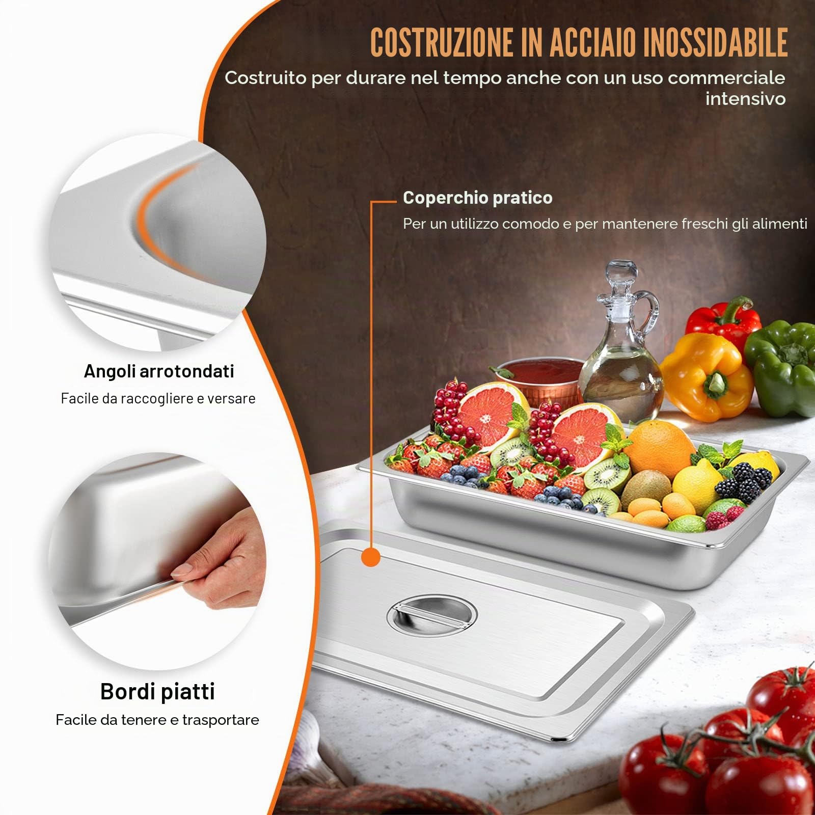 VEVOR Vassoio Rettangolare Portabile 13L Vassoio in Acciaio Inossidabile da 4 Pezzi, Piatto e Pentola al Vapore da Cucina 530x325x100mm con Coperchio, Teglia da Forno per Bar, Ristorante e Hotel