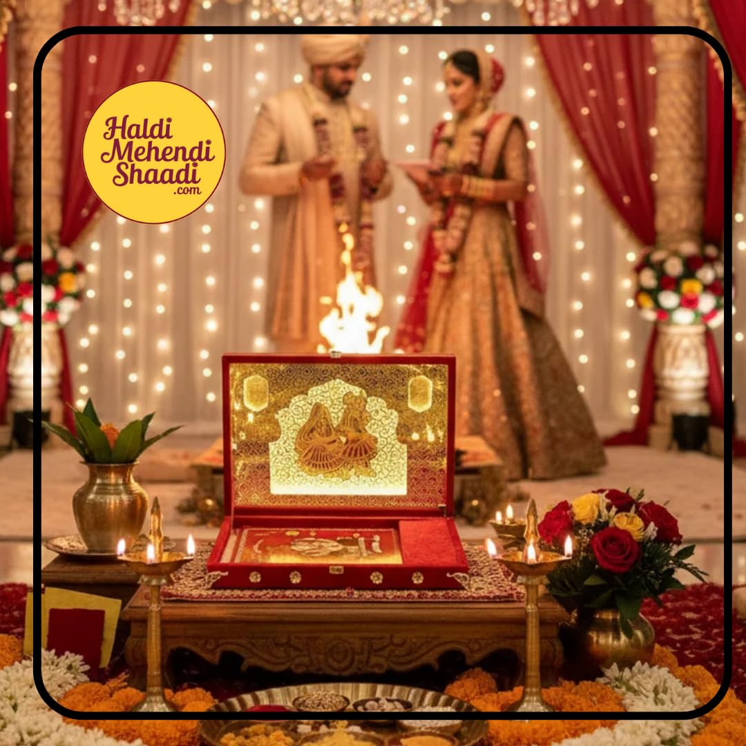 HALDI MEHENDI SHAADI Music & Light Red Velvet Wedding Invitation Box with Golden Frame, Ganesh Design, 38 x 27.5 cm, Traditional Marriage Lagan Patrika for Wedding Platter 1