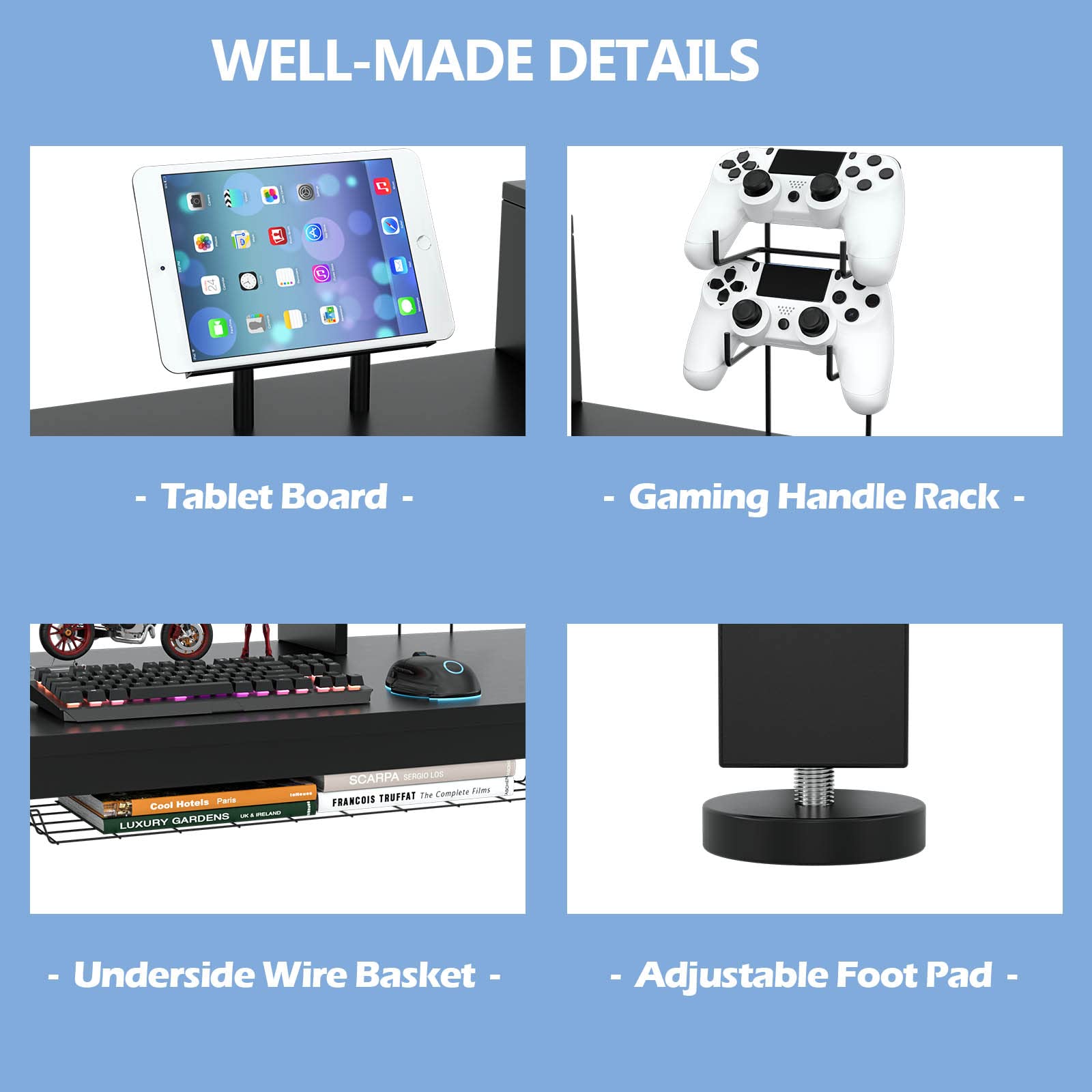 LIFEZEAL Scrivania Computer Gaming, con Supporto di Monitor, Cuffie, Tablet, Portabicchiere, Mensola, Tavolo per Gamer, Studio, Gioco, Postazione di Lavoro, Legno+Metallo, Max 60kg, 140x60x74cm
