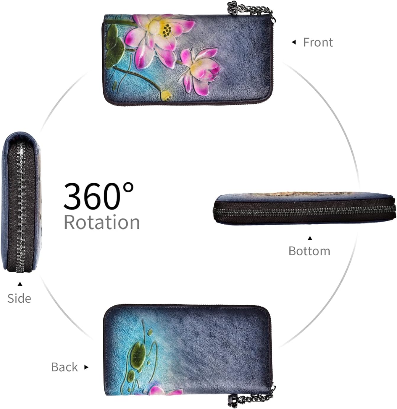 Wallet Genuine Leather for Women - with RFID Blocking Card checkbook ID Slot Large Capacity Vintage style (lotus black)