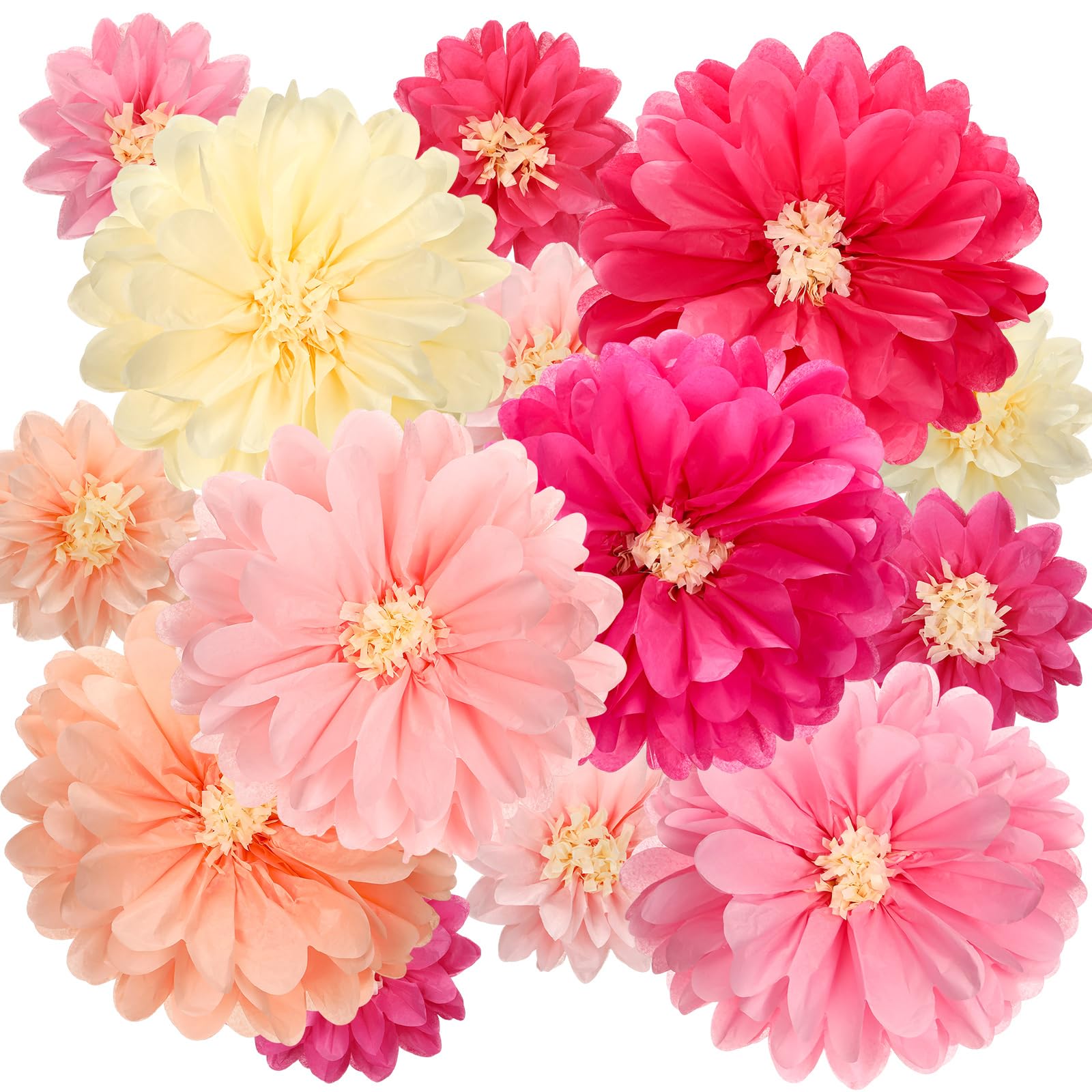 Watersay 12 Pcs 10" 20" Large Tissue Paper Flowers, Pink Color | Colorful Mexican Paper Flowers Decorations for Wall, Giant Crepe Big Tissue Pompoms Craft Backdrop Decor for Wedding Birthday