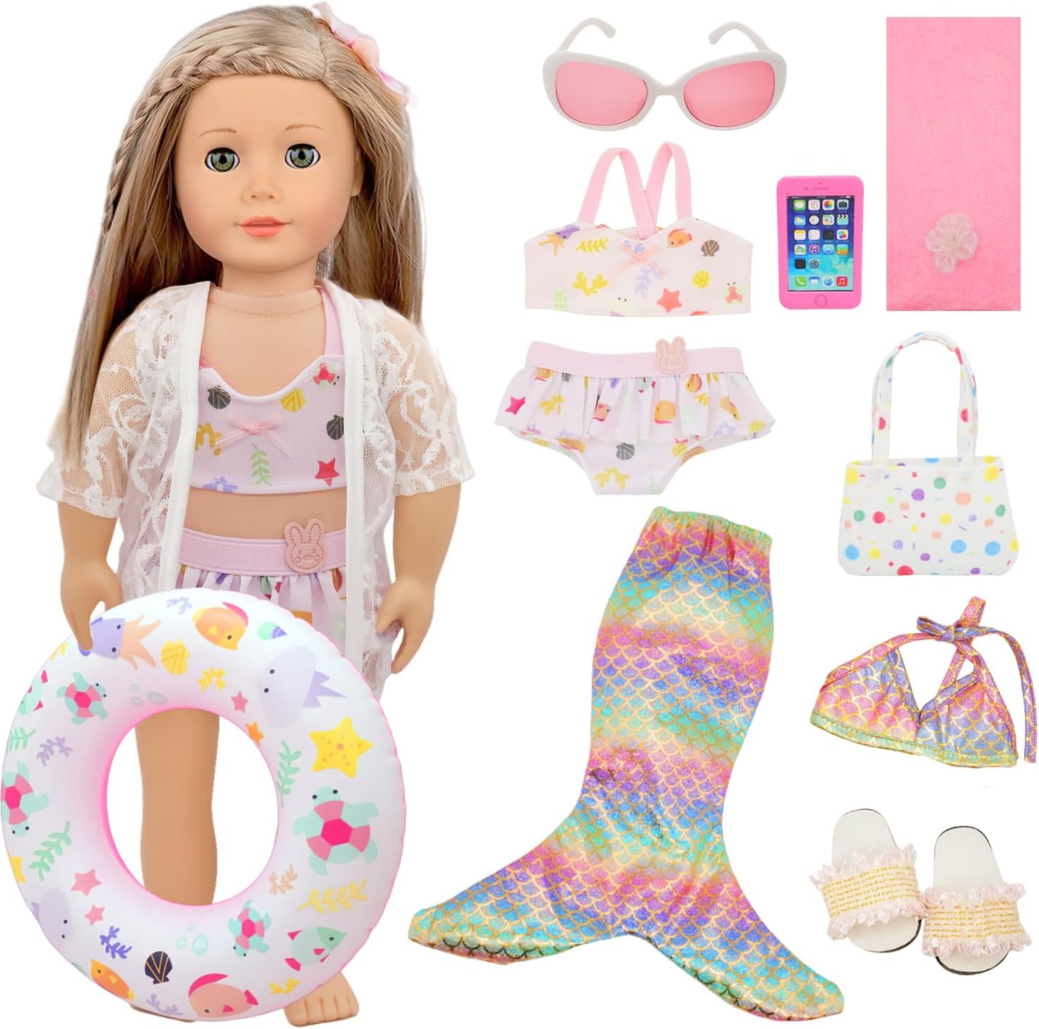 11 Pieces 18 Inch American Doll Bathing Suit Swimsuit with Accessories, Fashion 18 inch Doll Summer Outfits Including Mermaid Outfits,Swimming Circle,Bag,Phone,Shoes,Towel Set (No Doll)