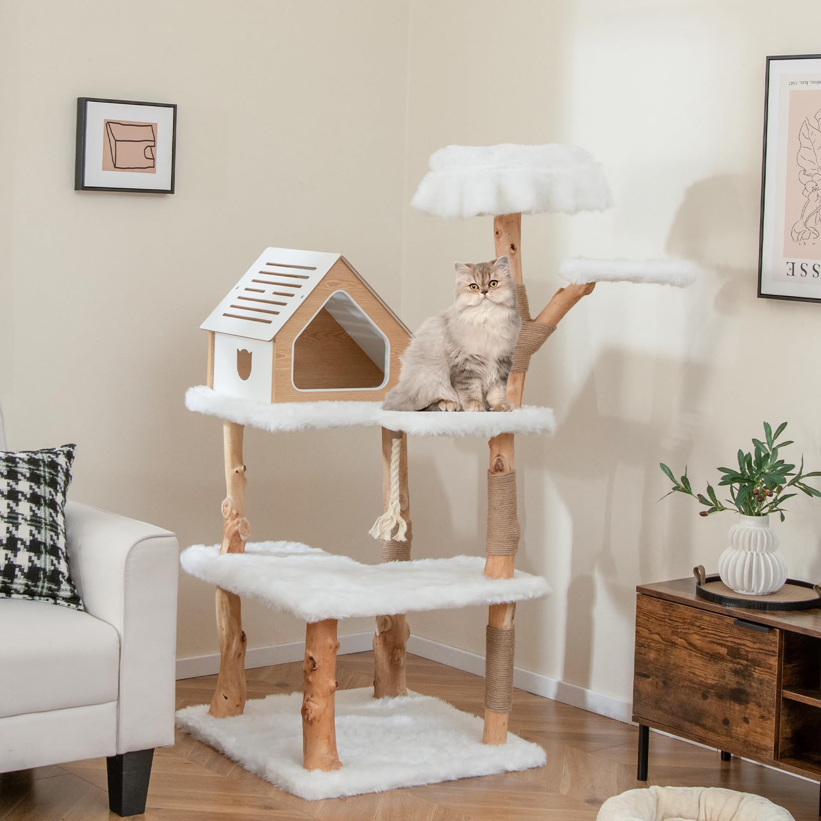 Boho Style A-Frame Cat Tree Tower With Hammock & Scratching Post - Wooden Cat Furniture - View #4