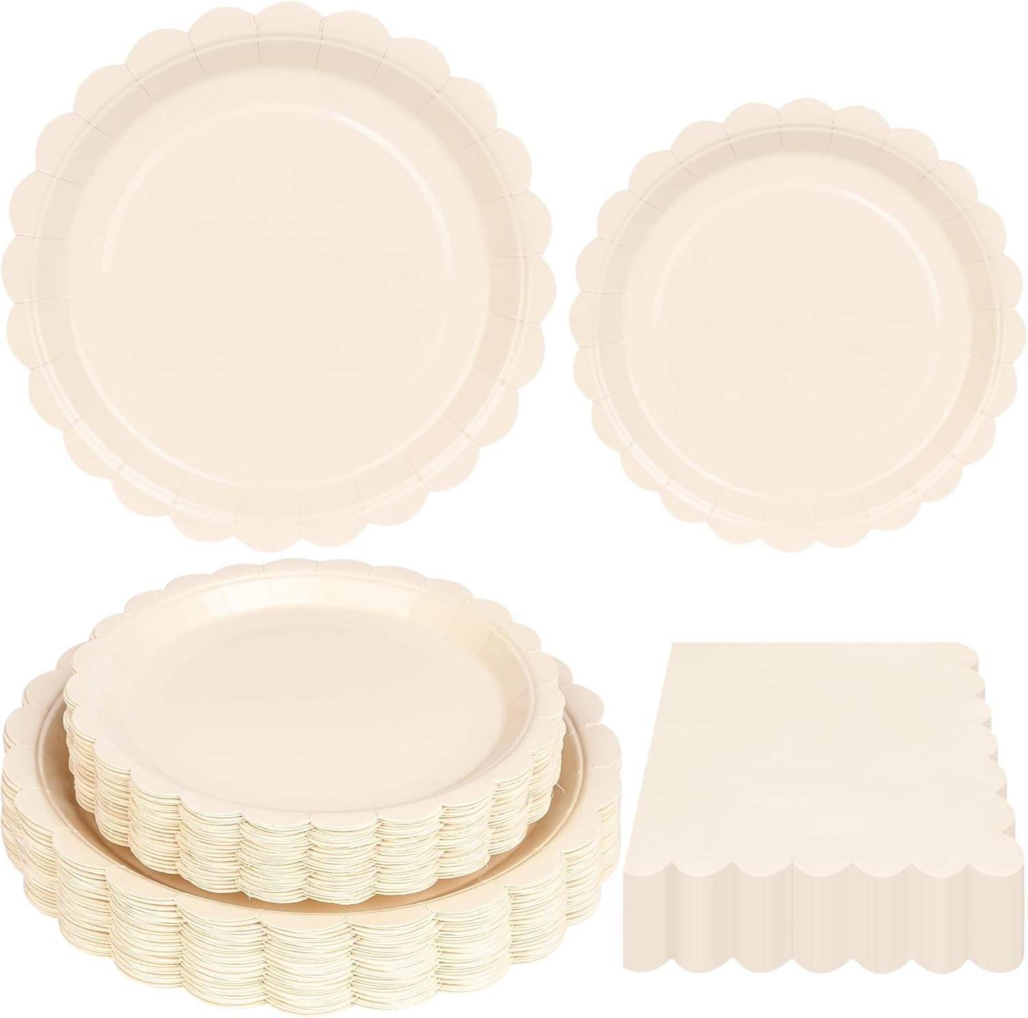 150Pcs Ivory Paper Plates and Napkins Party Supplies Beige Scalloped Party Plates Cream Disposable Plates Napkins for Wedding,Baby Shower, Birthday,Serves 50