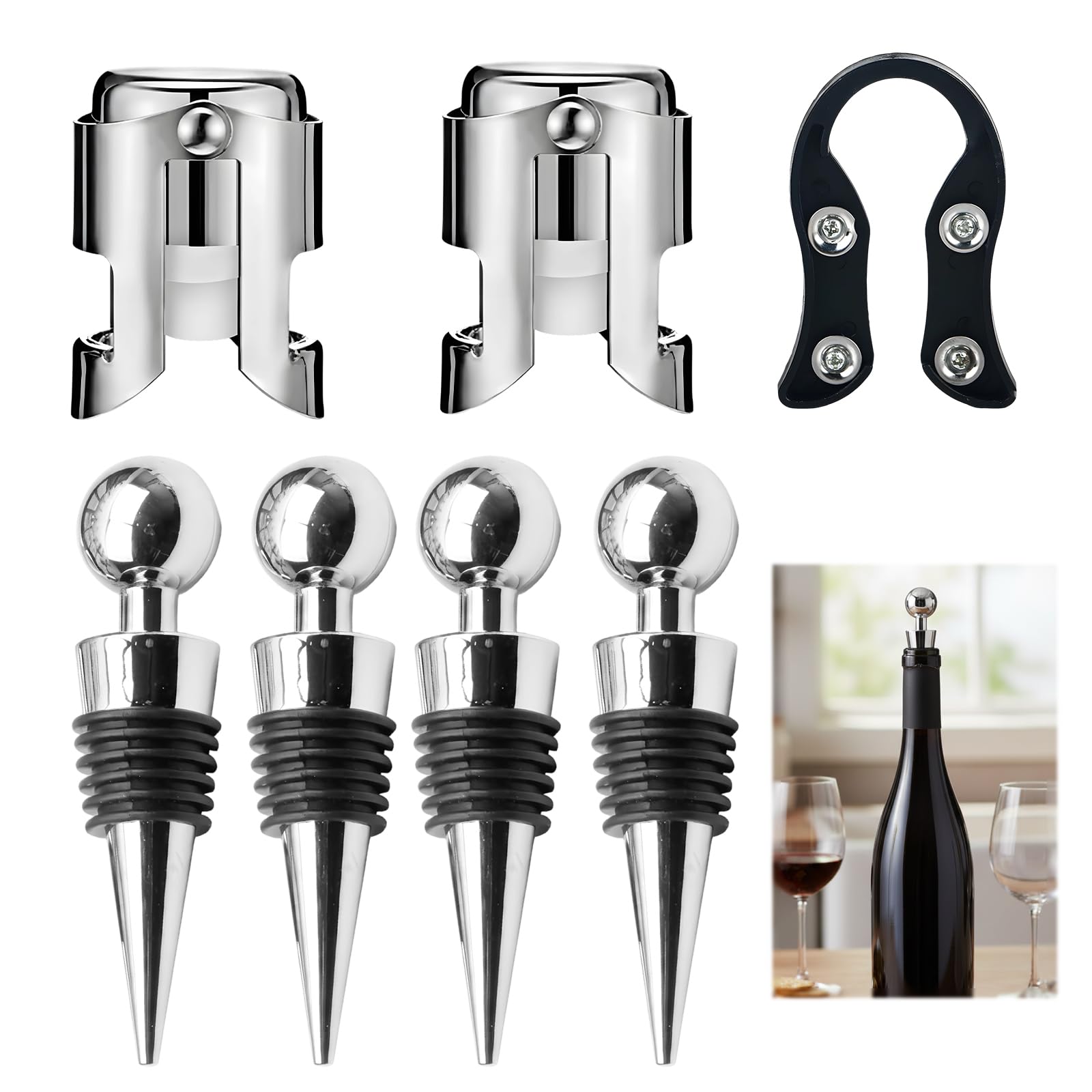 Wine Bottle Stoppers Set of 7, Champagne Stoppers,Wine Stopper, Champagne and Wine Stoppers with Foil Cutter, Stainless Steel Wine Preservation Stoppers for Wine and Champagne Bottles