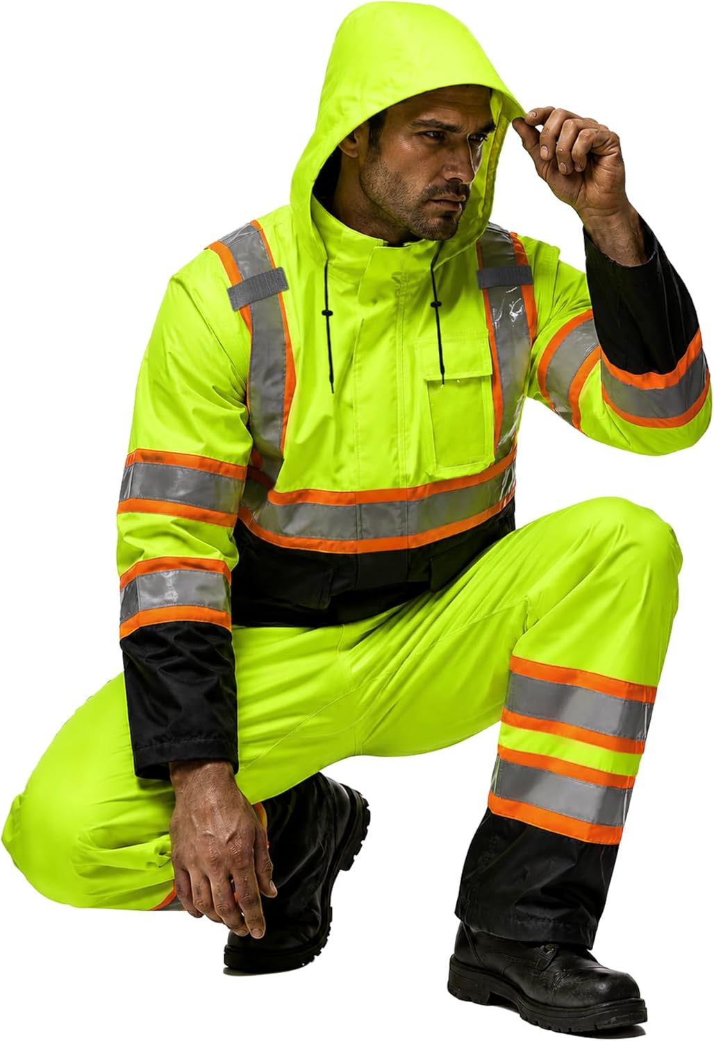 Rain Suits for Men Waterproof Reflective High Visibility Rain Gear Mens Heavy Duty, Hi Vis Rain Jacket & Pants with Black Bottom Class 3 ANSI/ISEA Compliant, Yellow Black L/XL