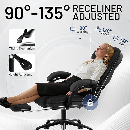 Miniatura 5 de Silla de oficina ergonómica con reposapiés, silla de escritorio ejecutiva de piel sintética, reposabrazos abatibles acolchados, soporte lumbar,