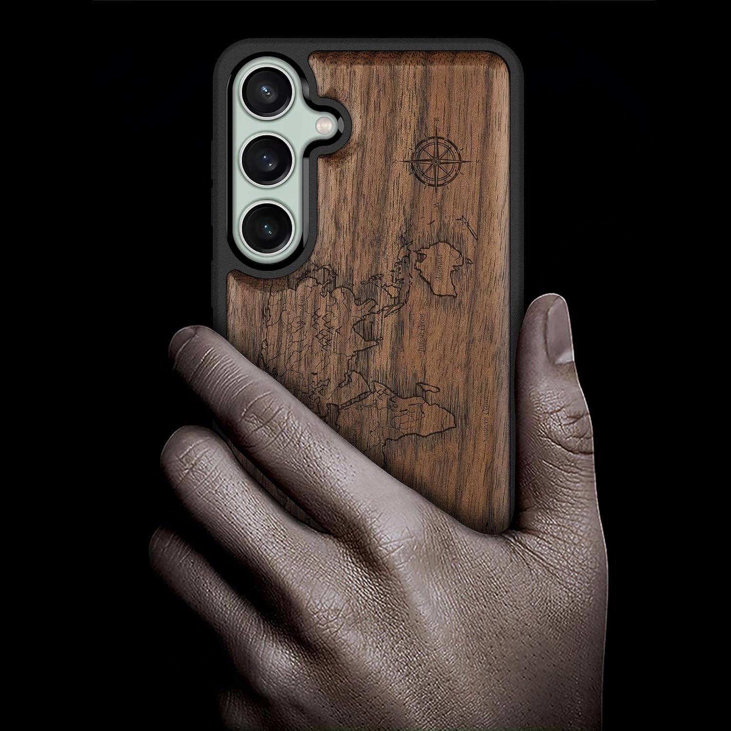 Carveit Wood Case for Galaxy S23 FE Case [Natural Wood & Black Soft TPU] Shockproof Protective Cover Unique Wooden Design Compatible with S23 FE (Compass Maps-Walnut)