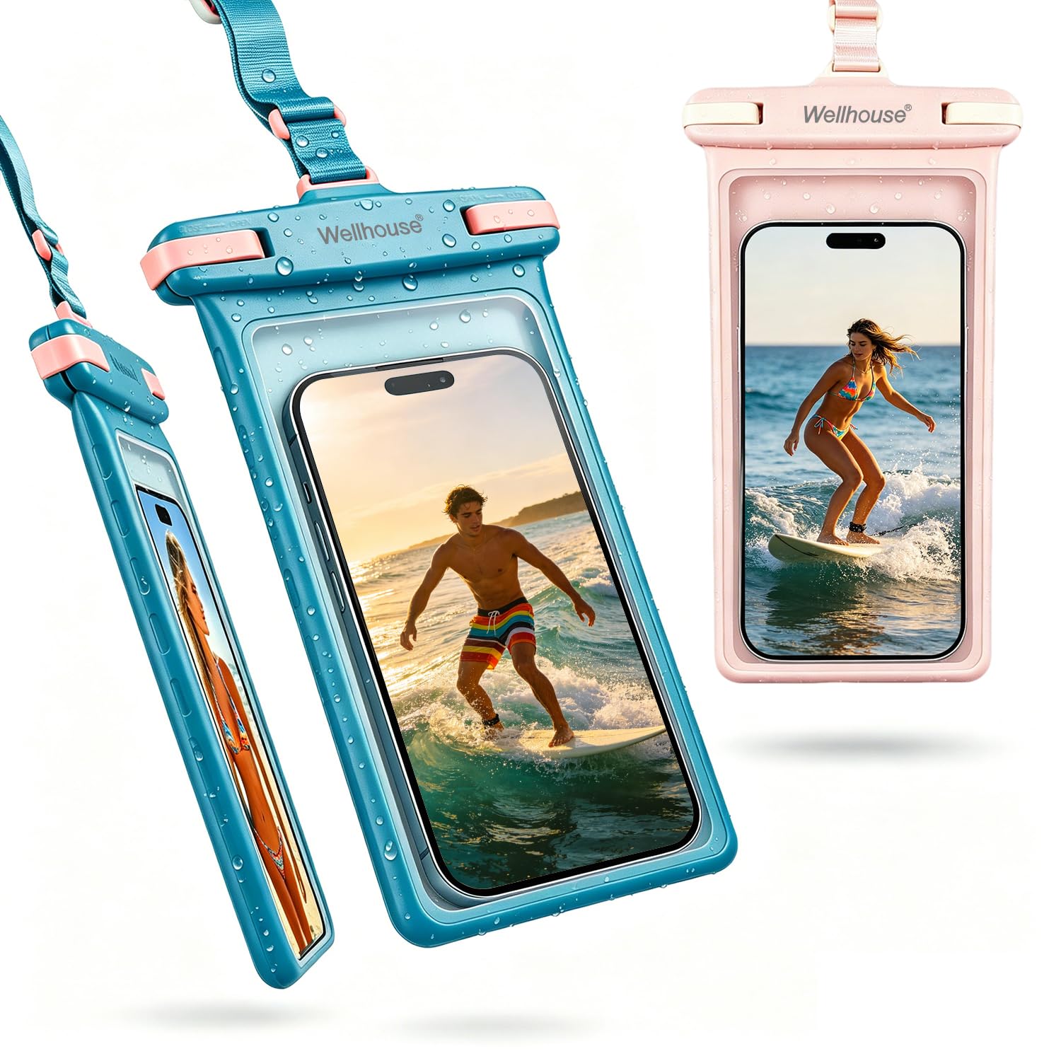 wellhouse Waterproof Phone Pouch, Waterproof Phone Case for iPhone 17 16 15 14 13 Pro Max XS Samsung, IPX8 3D Cellphone Dry Bag Beach Essentials (2 Pack - Blue &amp; Pink8.0, 8 inch)
