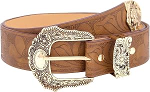 Womens Brown Genuine Leather Belt Western Style Vintage Cowgirl Waist Belt for Jeans Pants