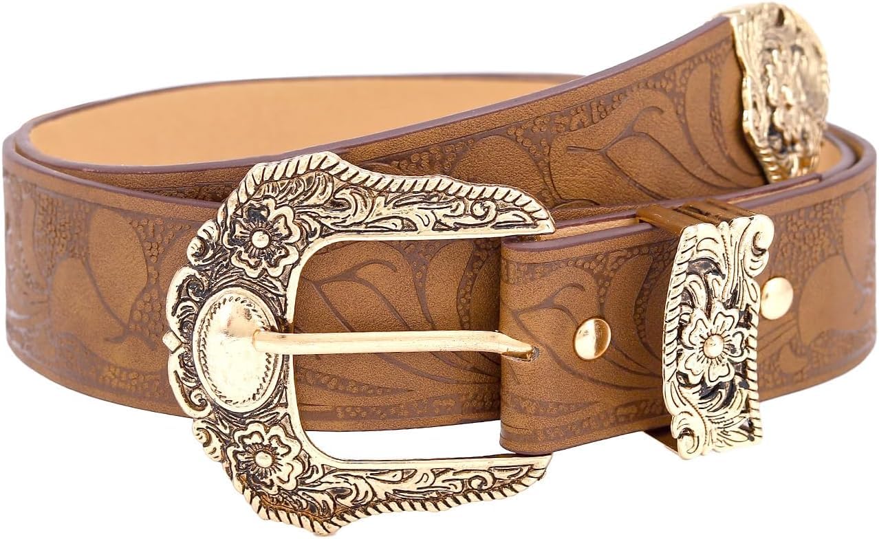 Womens Brown Genuine Leather Belt Western Style Vintage Cowgirl Waist Belt for Jeans Pants