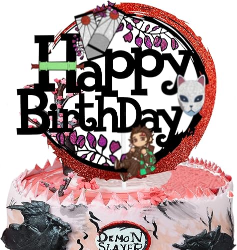 Decoración para pastel de cumpleaños con temática de anime, decoración de fiesta de niño y niña con purpurina negra, suministros de decoración de