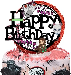 Happy Birthday Cake Topper for Anime Theme Black Glitter Boy Girl Party Decorations - Anime party Decorations Supplies
