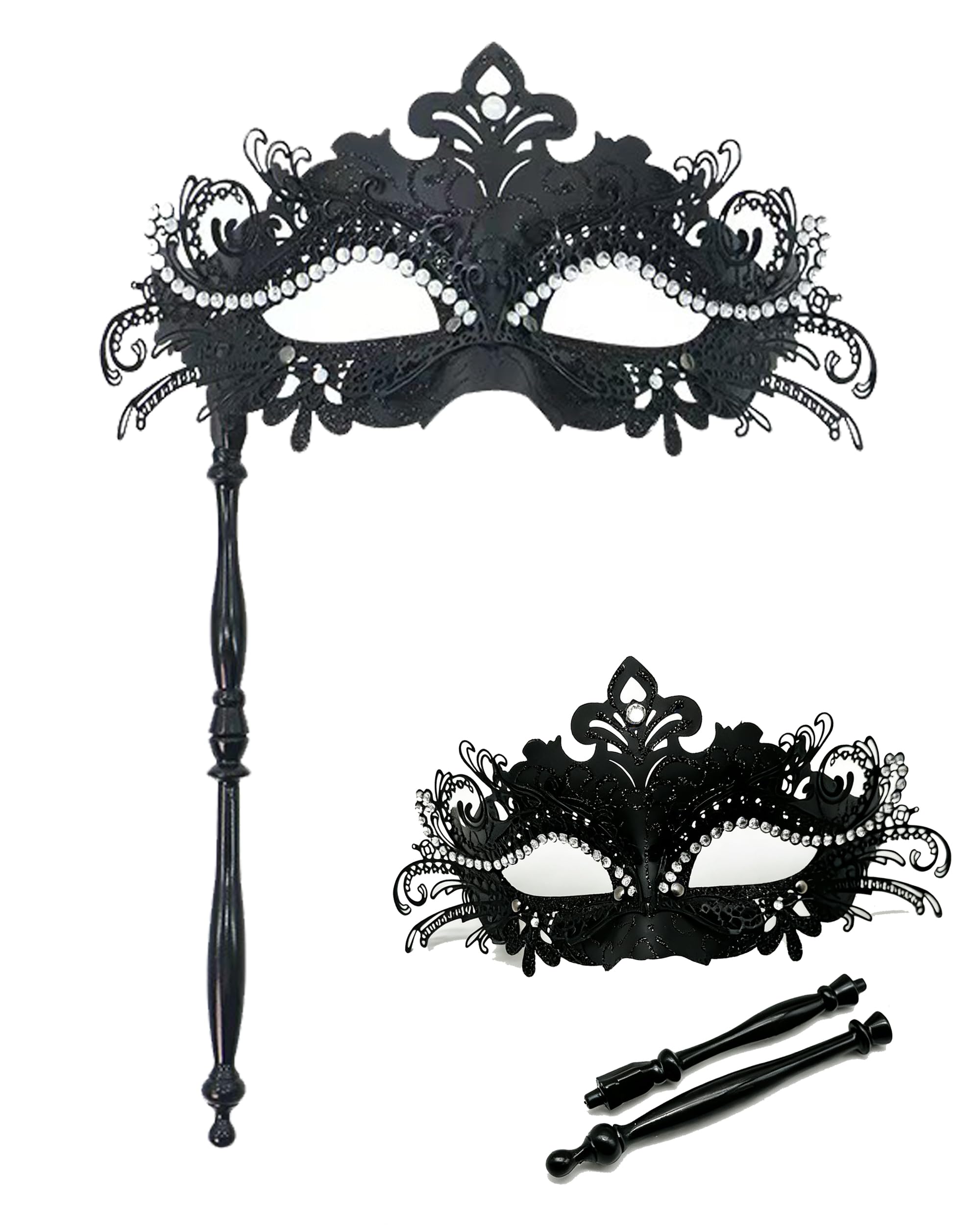 HeHeGe Masquerade Mask for Women with Stick Metal Shiny Rhinestone Venetian Mask Prom Mardi Gras Ball &Halloween Party (black)