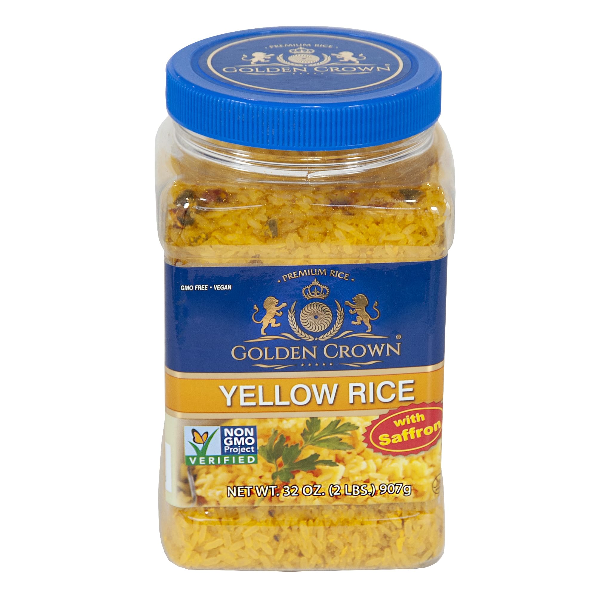 Golden Crown Saffron Yellow Rice - 32 oz (2LB) | Naturally Aged Halal + Long Aromatic | Tasty and Delicious Flavorful | Long-Grain Stovetop or Microwave Rice