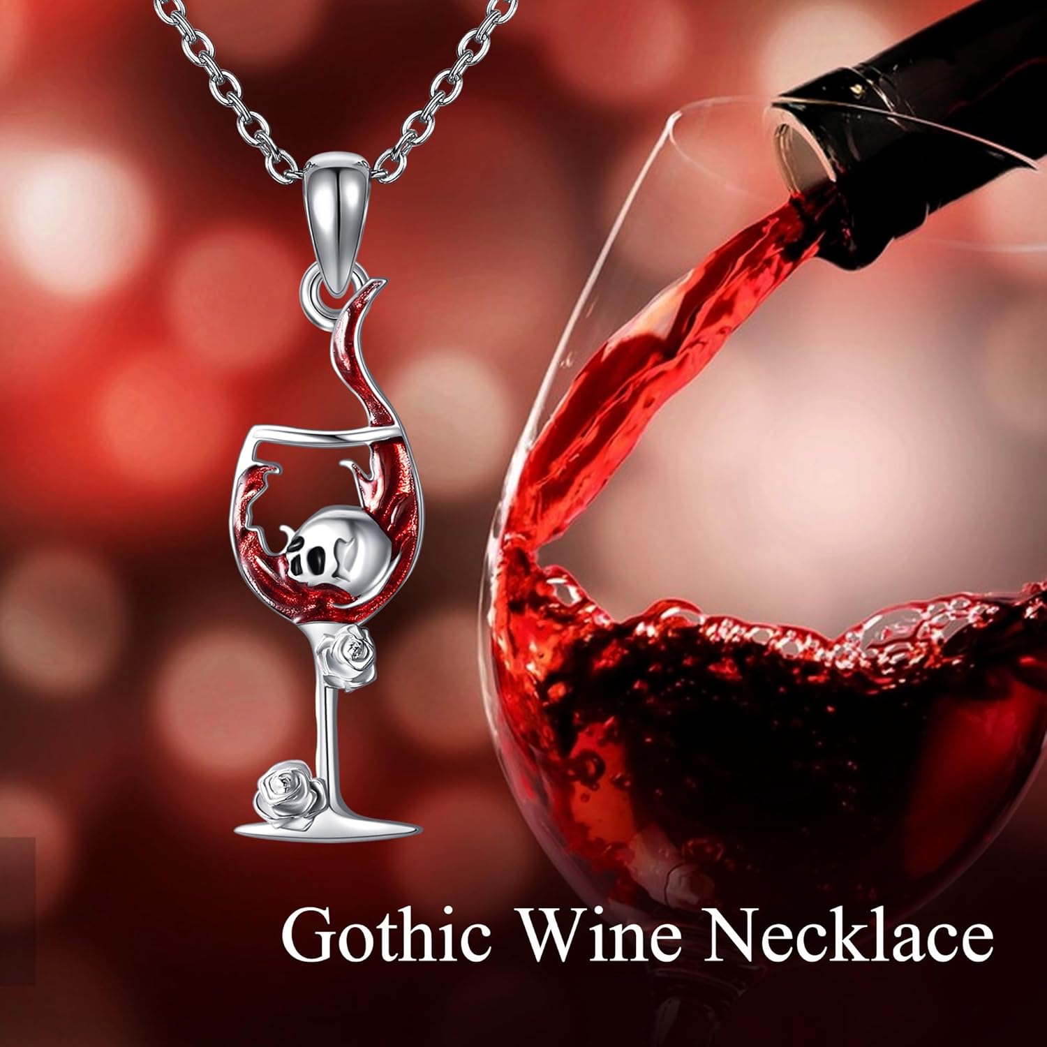 Gothic Necklace 925 Sterling Silver Bat/Black Rose/Wine Glass/Satanic/Rib Cage Goth Pendant Necklace Moss Agate Turquoise Skull Skeleton Jewelry Halloween Gifts for Women Men