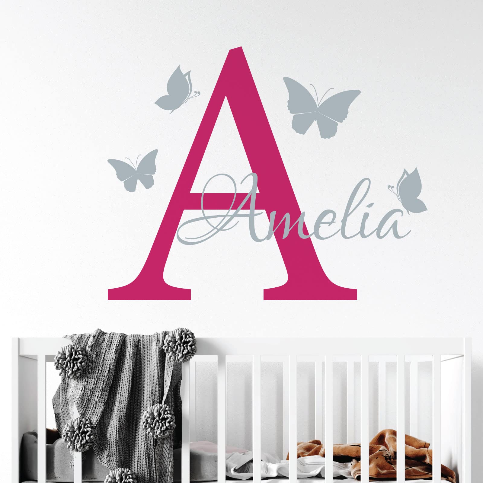 Personalised Name - Initial Letter and Butterflies - Baby Nursery Vinyl Wall Decal Sticker [Medium] [Magenta] — image 1