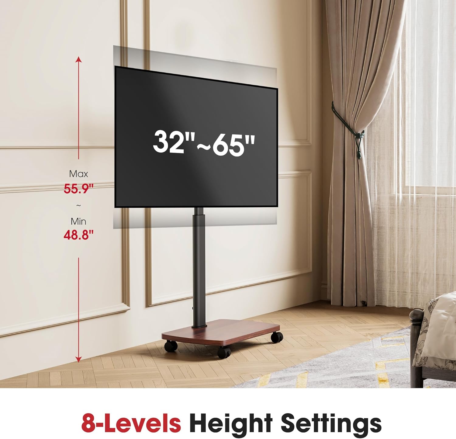AOKCOS Rolling TV Stand for 32-65 Inch TVs, Portable Mobile TV Stand on Wheels, 8-Level Height Adjustable TV Cart with Swivel & Tilt Mount for Bedroom/Living Room/Office/Corner