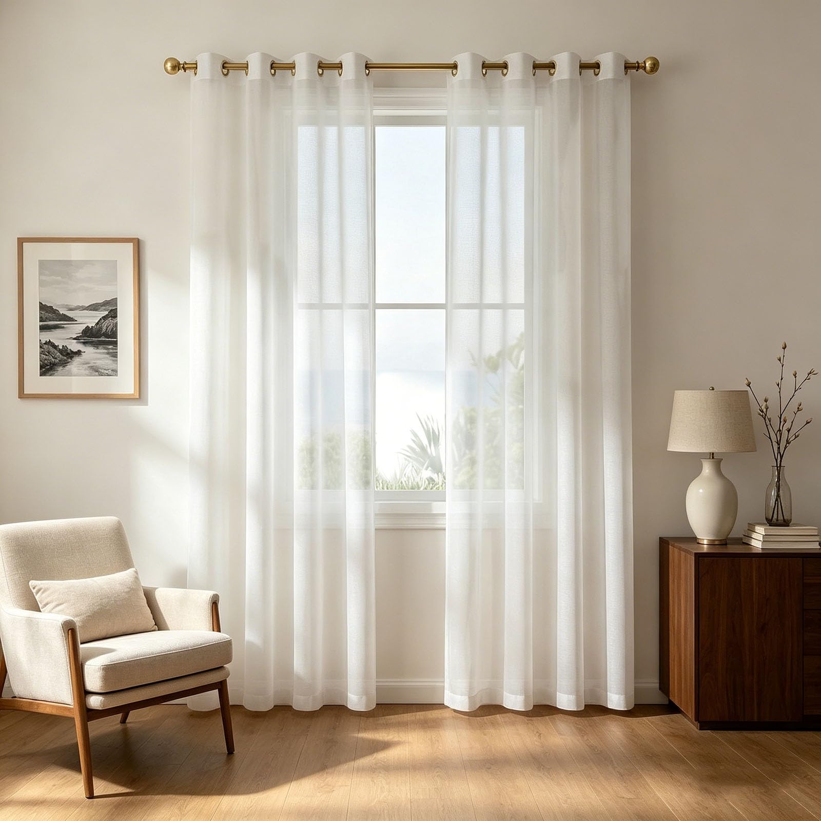 Hokxuan White Pair Of Sheer Voile Ring Top 155 X 220 Cm Grommet Light Filtering Airy Breathable Eyelet Top Pencil Pleat Curtains For Bedroom,