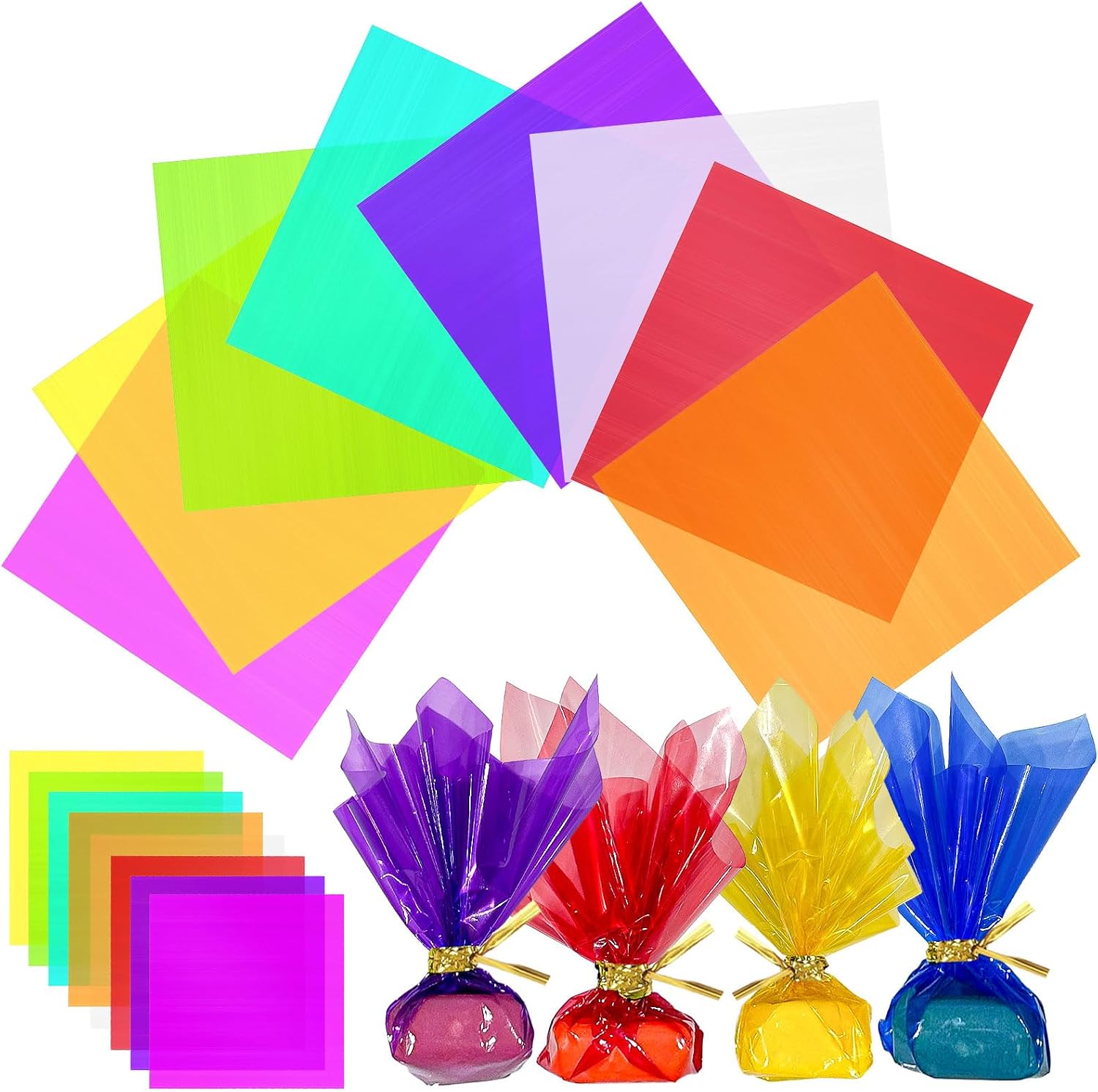 Ceydoew 120 Pcs Colored Cellophane Sheets, Easily Shaped Cellophane paper, Cellophane Wrap for DIY Crafts, Holiday Decorations, Small Gifts Packaging, Window Decorations. (7.5 x 7.5 Inch)