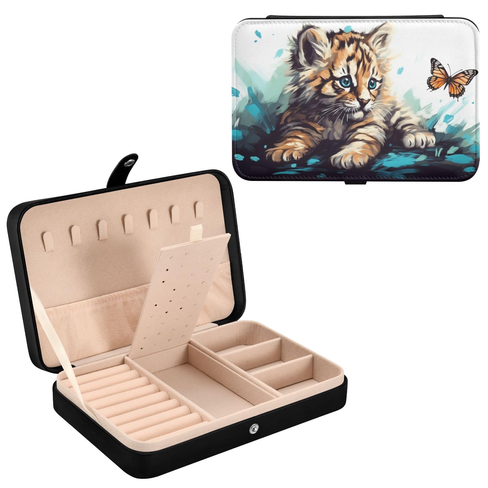 Haskirky Cute Cats Jewelry Box Portable PU Leather Travel Jewelry Organize for Women Jewelry Storage Display Holder for Ring, Necklace, Earring