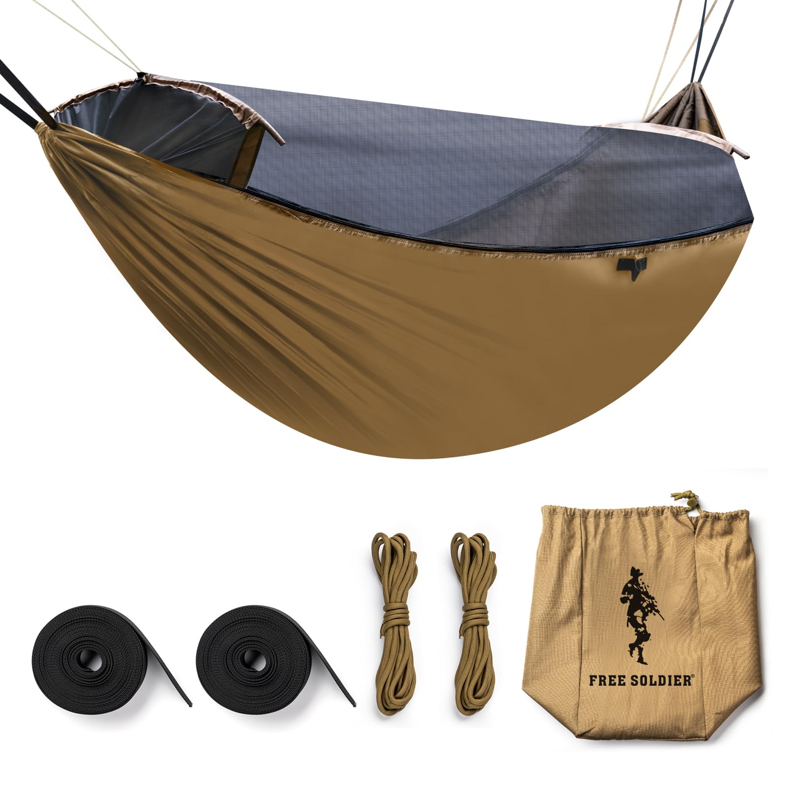 FREE SOLDIER da campeggio escursionismo outdoor Survivor mosquitoe portatile amaca resistente all' usura Resistenza grande tenda per persona 180-195 cm altezza, Brown