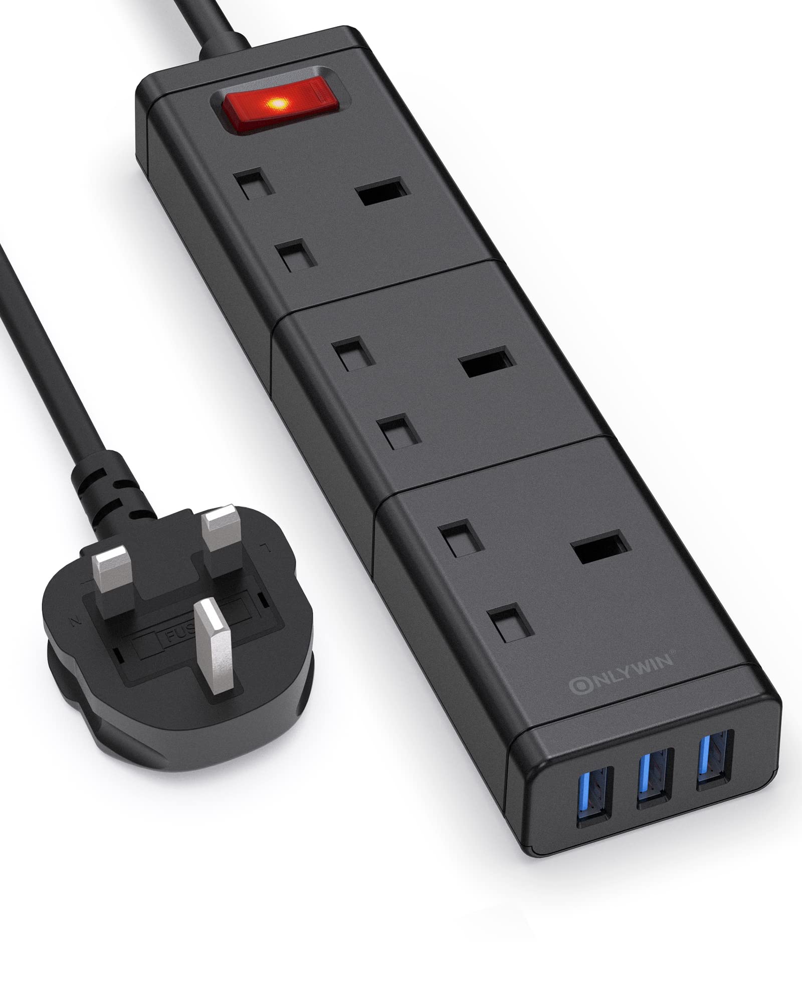 Extension Lead with 3 Way Outlets 3 USB Ports, ONLYWIN Power Strip with 1.5M Long Cable Cord, Wall Mountable Surge Protection Multi Plug Socket Charging Station for Home, Office Travel, Black