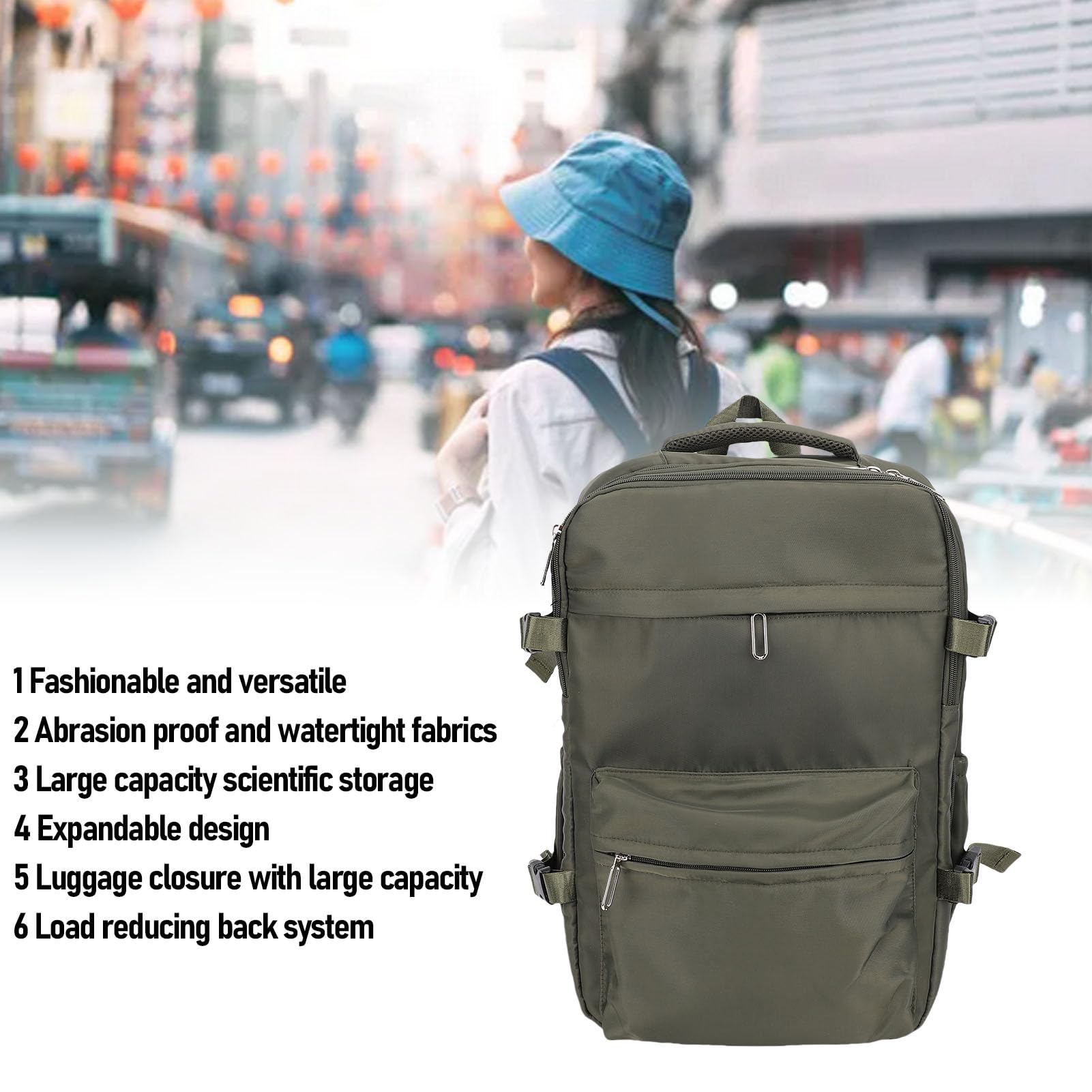 Jiawu Zaino di Grande capacità con Compressione Sottovuoto per Viaggiatori D'affari Laptop da 15,6 Pollici in Tessuto Oxford Resistente Alla Pioggia 27 Litri (GREEN)