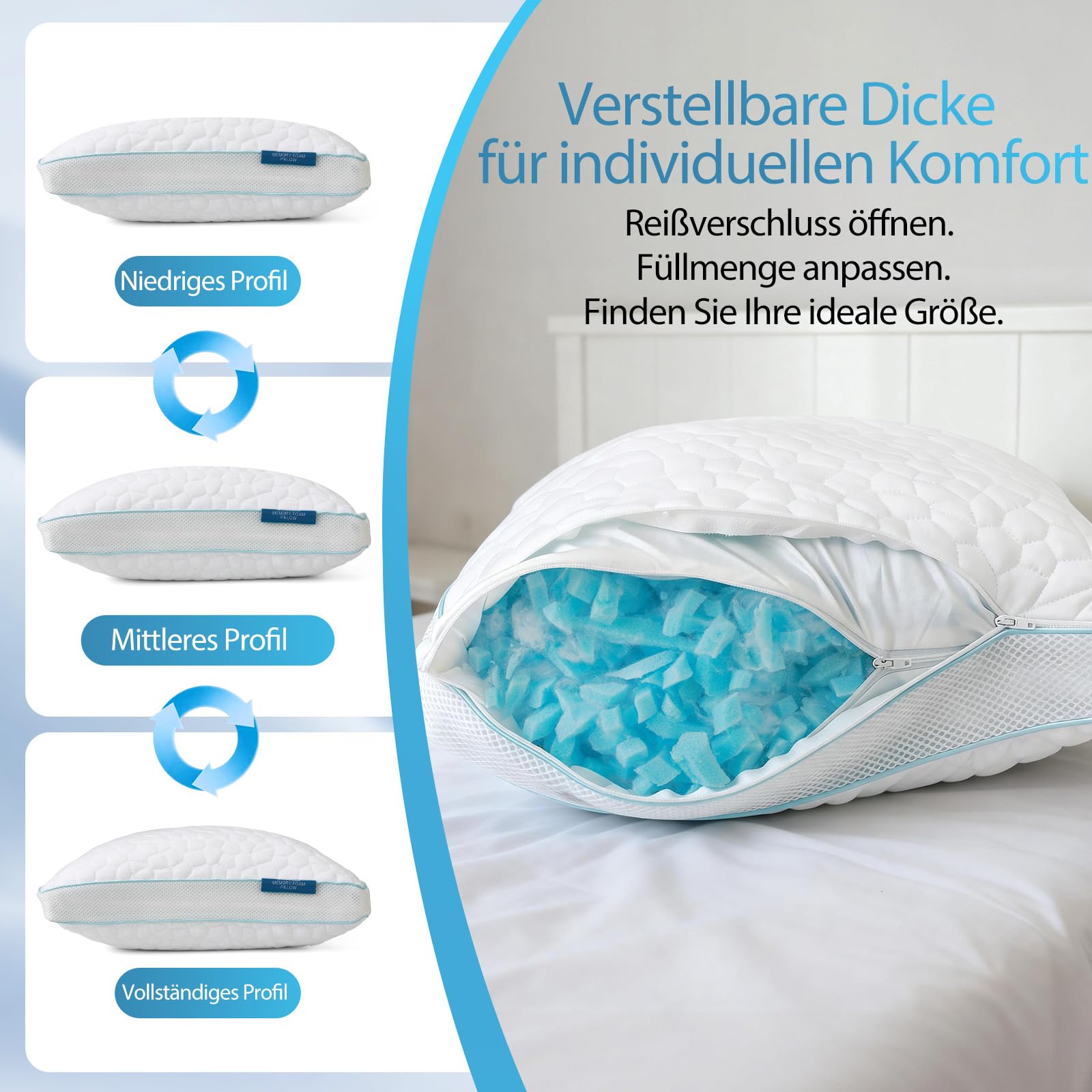Shredded - Juego de 2 almohadas de espuma viscoelástica, altura ajustable y firmeza ajustable, funda de viscosa de bambú, transpirable y lavable, almohada ergonómica para dormir de lado, espalda y