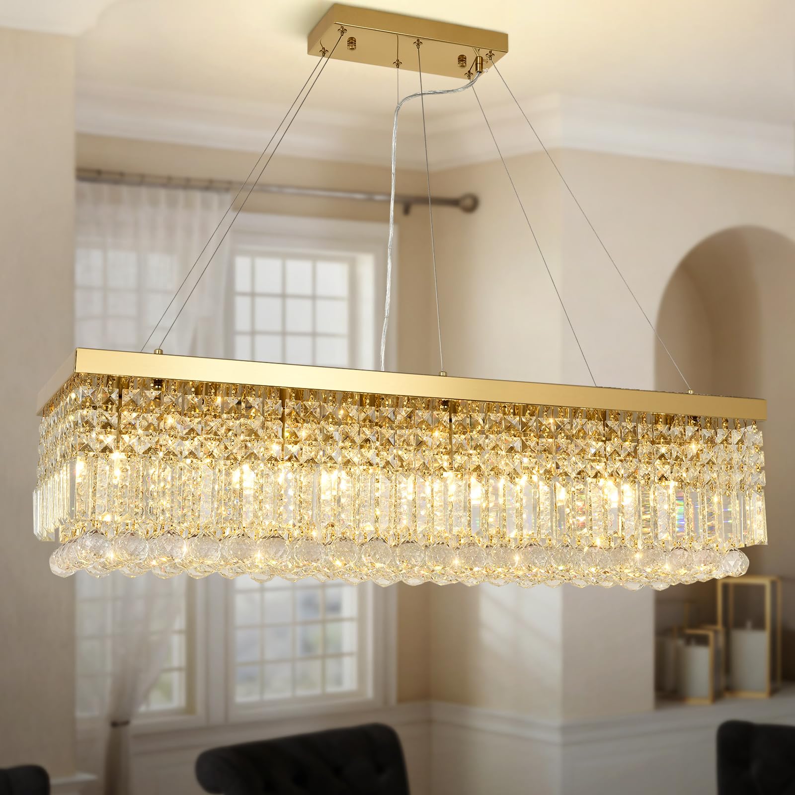 KUNYEEE Modern Crystal Gold Chandelier Pendant Light, Rectangular Crystal Hanging LED Pendant Lighting, 8 x E14 Chandelier Light Fixture for Living Room, Dining Room, Bedroom, 100 x 30 cm