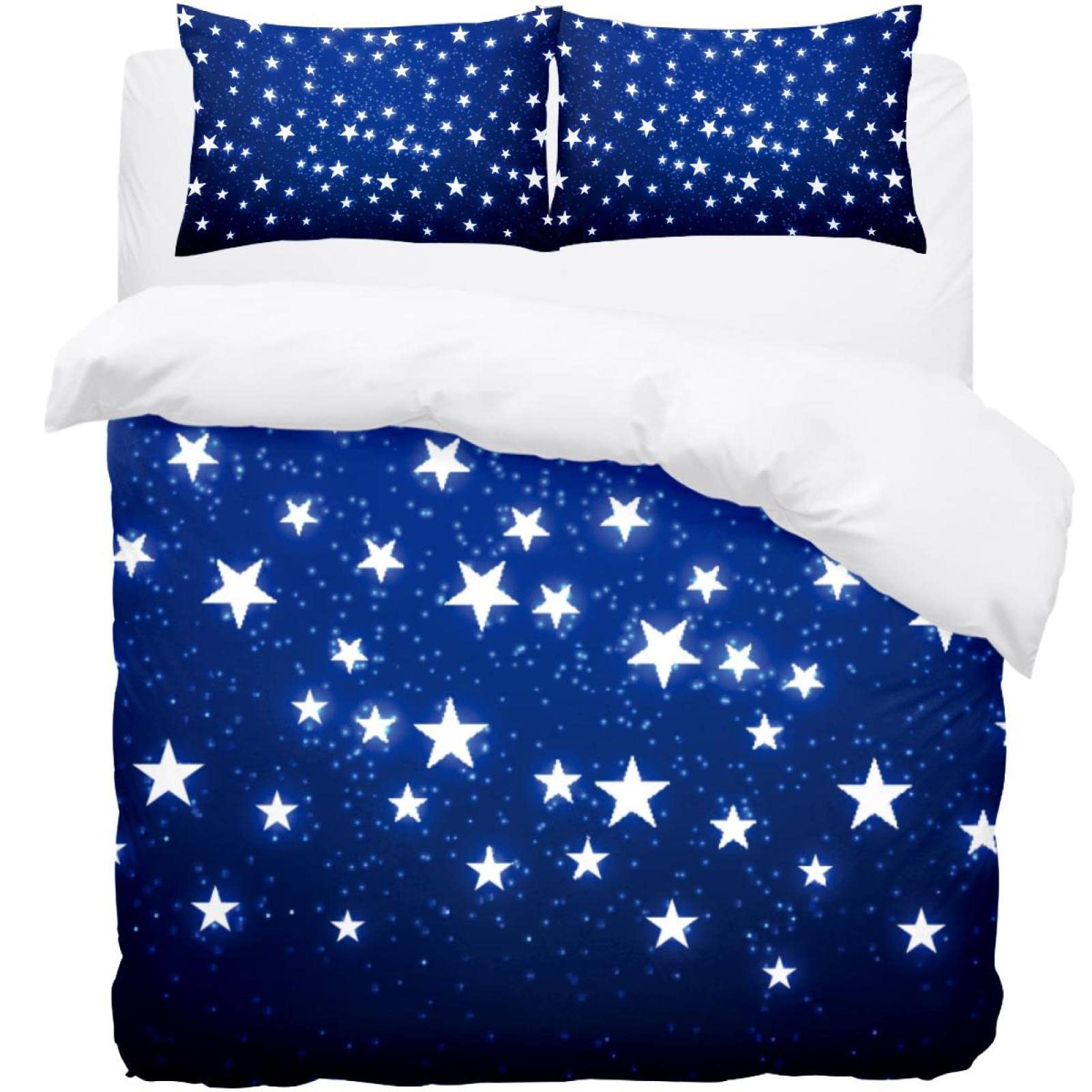 Housse de couette bleu motif étoiles avec 2 taies d'oreiller pour lit double