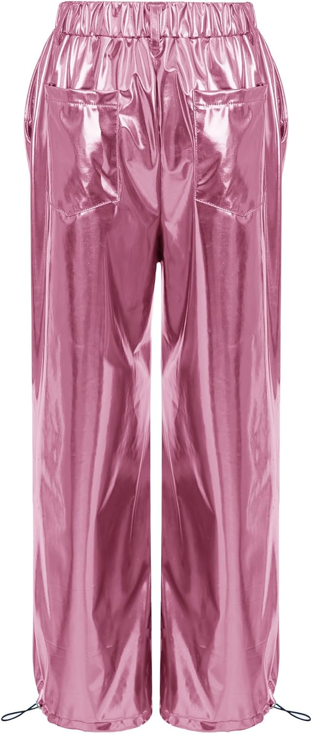 Kids Girls Sparkly Metallic Cargo Jogger Pants Disco Hip Hop Jazz Dance Trousers with Multi-Pockets