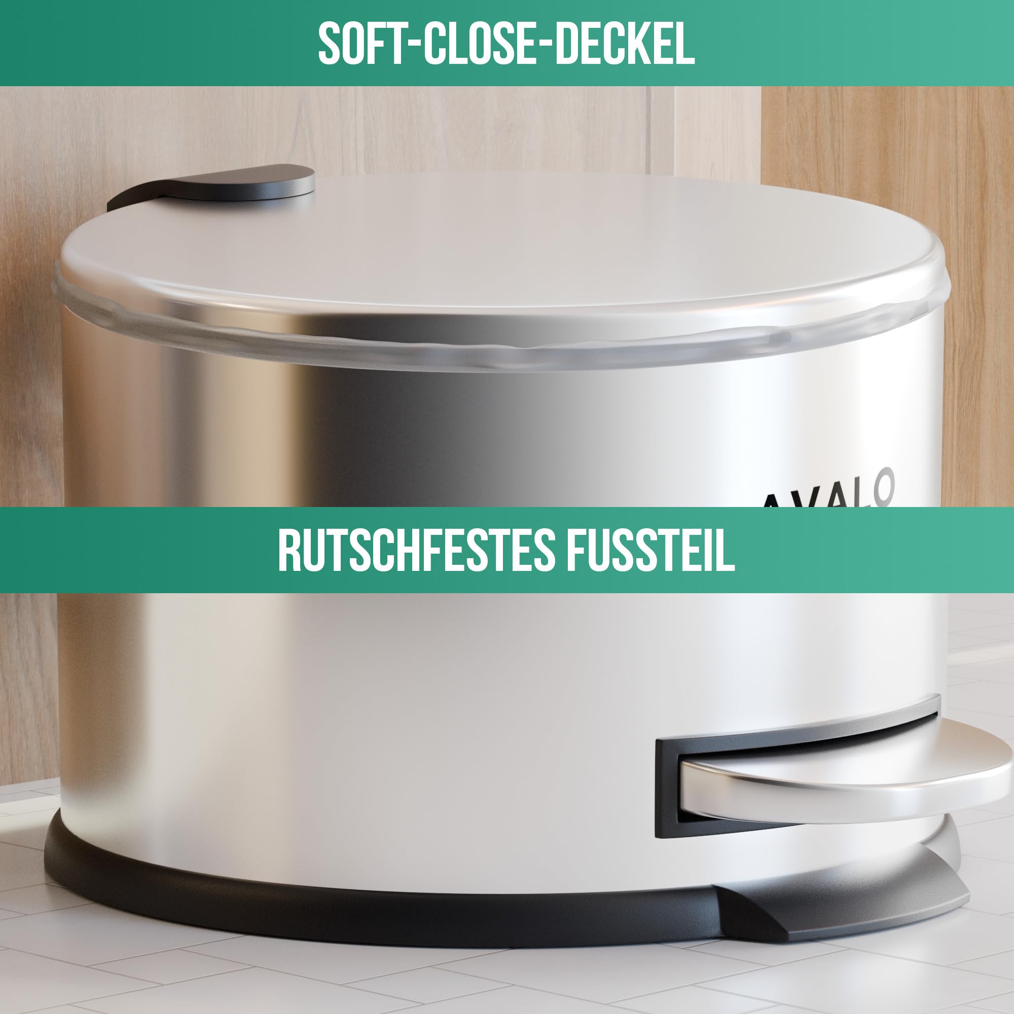 Avalo Treteimer 30L - Edelstahl Silber - Soft Close - Abfalleimer 30 Liter - Mülleimer 30 Liter