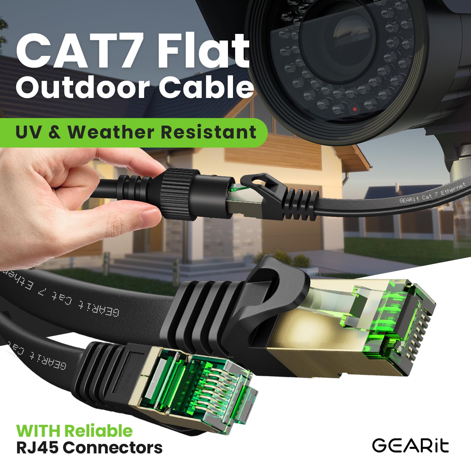 GEARit Cat 7 Outdoor Flat Ethernet Cable (25ft, Black) Direct Burial Rated LLDPE Jacket - Indoor Cat7 Shielded FTP 600MHz 10Gbps High Speed Gaming Computer Network RJ45 Snagless Patch Cord Internet