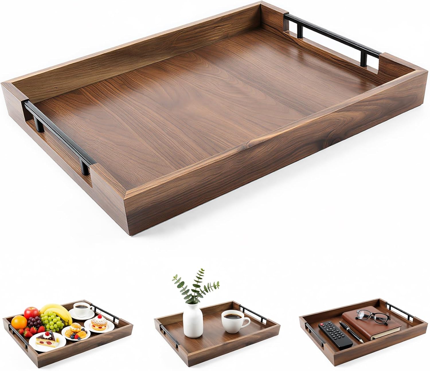 Sasovevga 32 x 12 Inch Large Acacia Wood Serving Tray with Metal Handle, Long Charcuterie Board for Cheese, Meat & Appetizers, Extra Long Kitchen Platter for Gatherings, BBQ & Home Decor