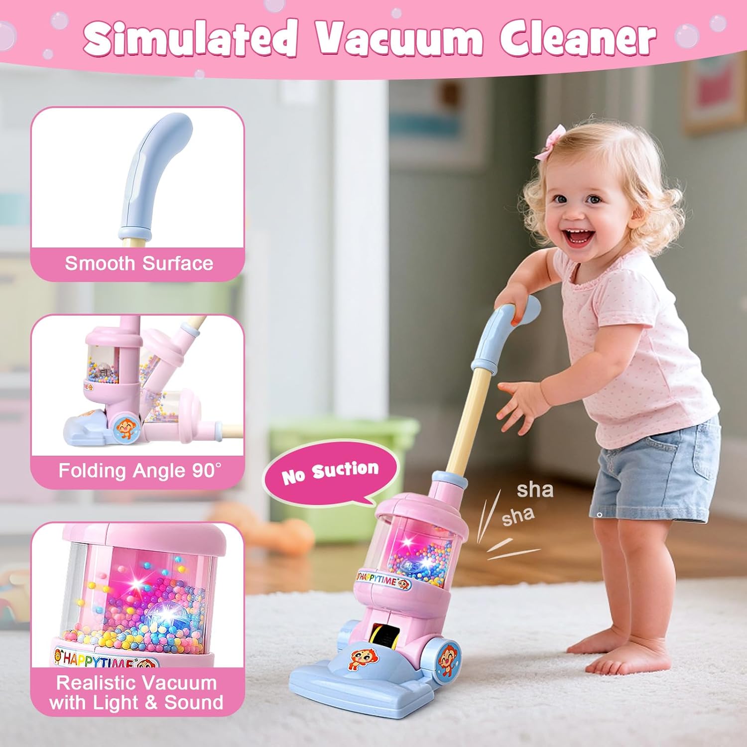 Kids Cleaning Toys Playset for Ages 2-4, Compact 6-Piece Pretend Vacuum with Light & Sound (No Suction), Animal Broom Mop Set for Toddlers, Apartment-Friendly Educational Role Play Gift