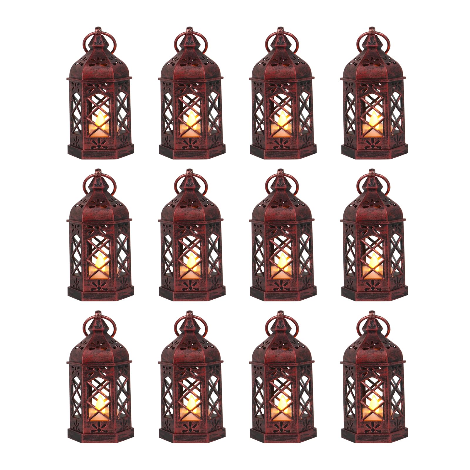 12-Pcs Mini Lanterns, Small Candle Lanterns Decorative, LED Tea Light Lantern Ramadan Decorations, Hanging Lantern, Centerpiece for Wedding Table, Battery Included(Rose Gold)