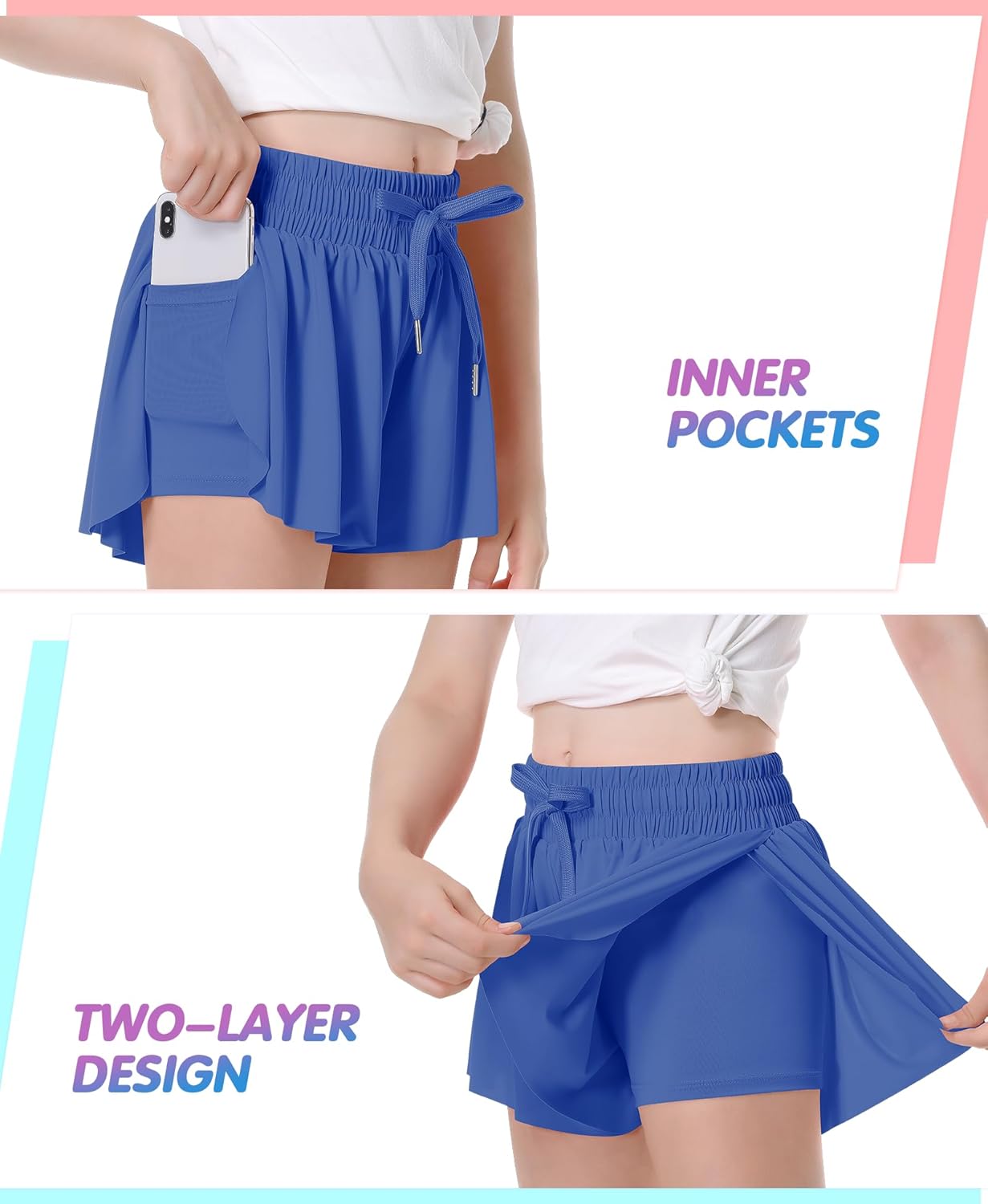 QooNoo Girls Butterfly Shorts with Pocket Flowy Athletic Shorts High Waist Preppy Running Shorts for Kids Teen - Image 2